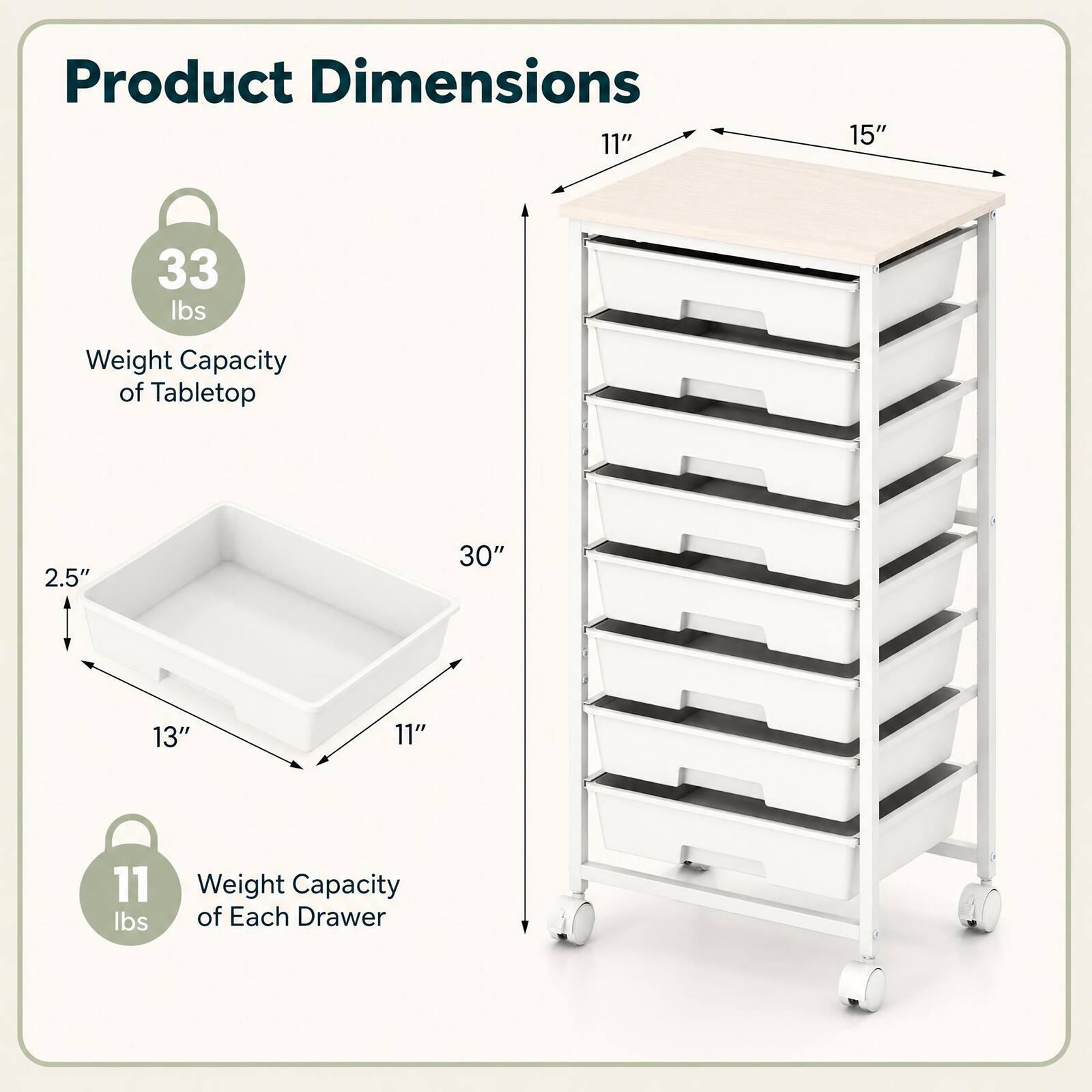 Product Dimensions
11" x 15" x 30"
Weight Capacity of Tabletop: 33 lbs
Weight Capacity of Each Drawer: 11 lbs
