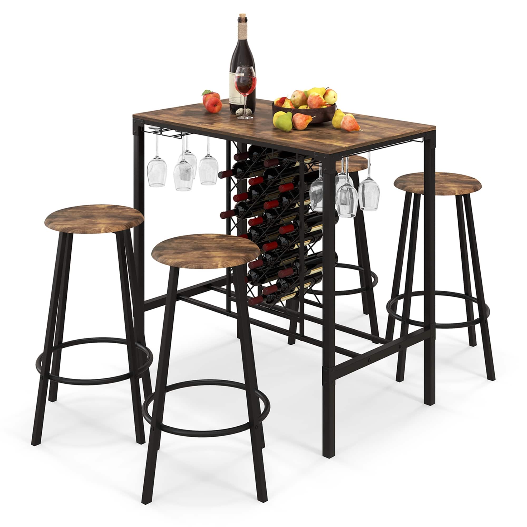 Front. Costway - 5PCS Bar Table & Stools Set Industrial Bistro Set with Wine Rack & Glass Holder - Rustic Brown/Black.
