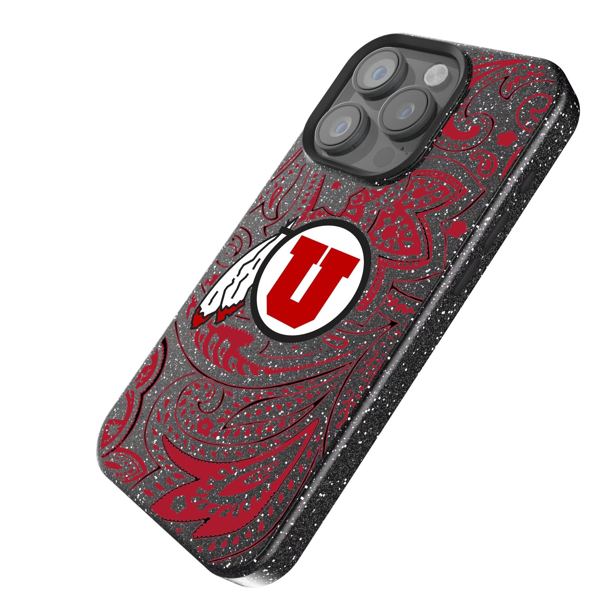 Alt View 1. Keyscaper - Utah Utes Paisley Bling iPhone Case - 15 Pro Max - Black.