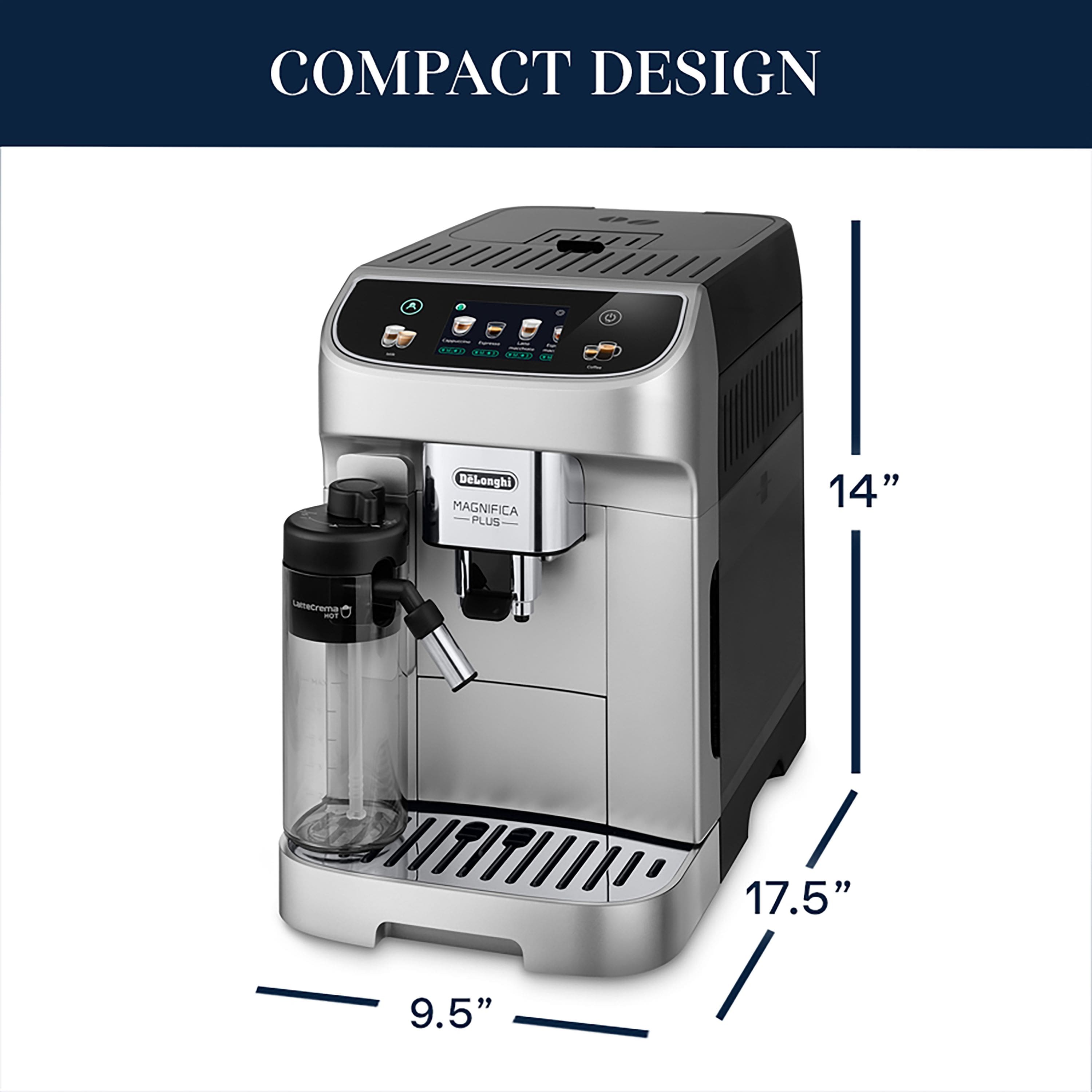 COMPACT DESIGN: DeLonghi Magnifica Pt Plus 14" Laminar Flow Heating System 17.5" 9.5"
