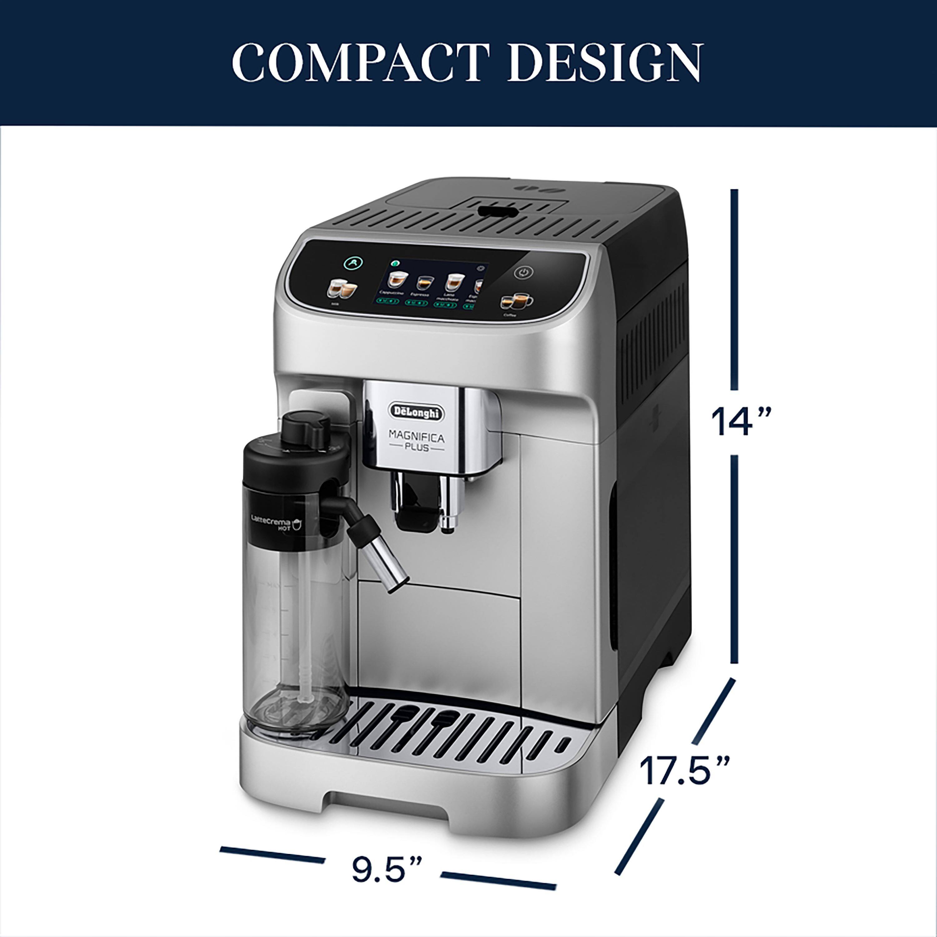COMPACT DESIGN: DeLonghi Magnifica Pt Plus 14" Laminar Flow Heating System 17.5" 9.5"