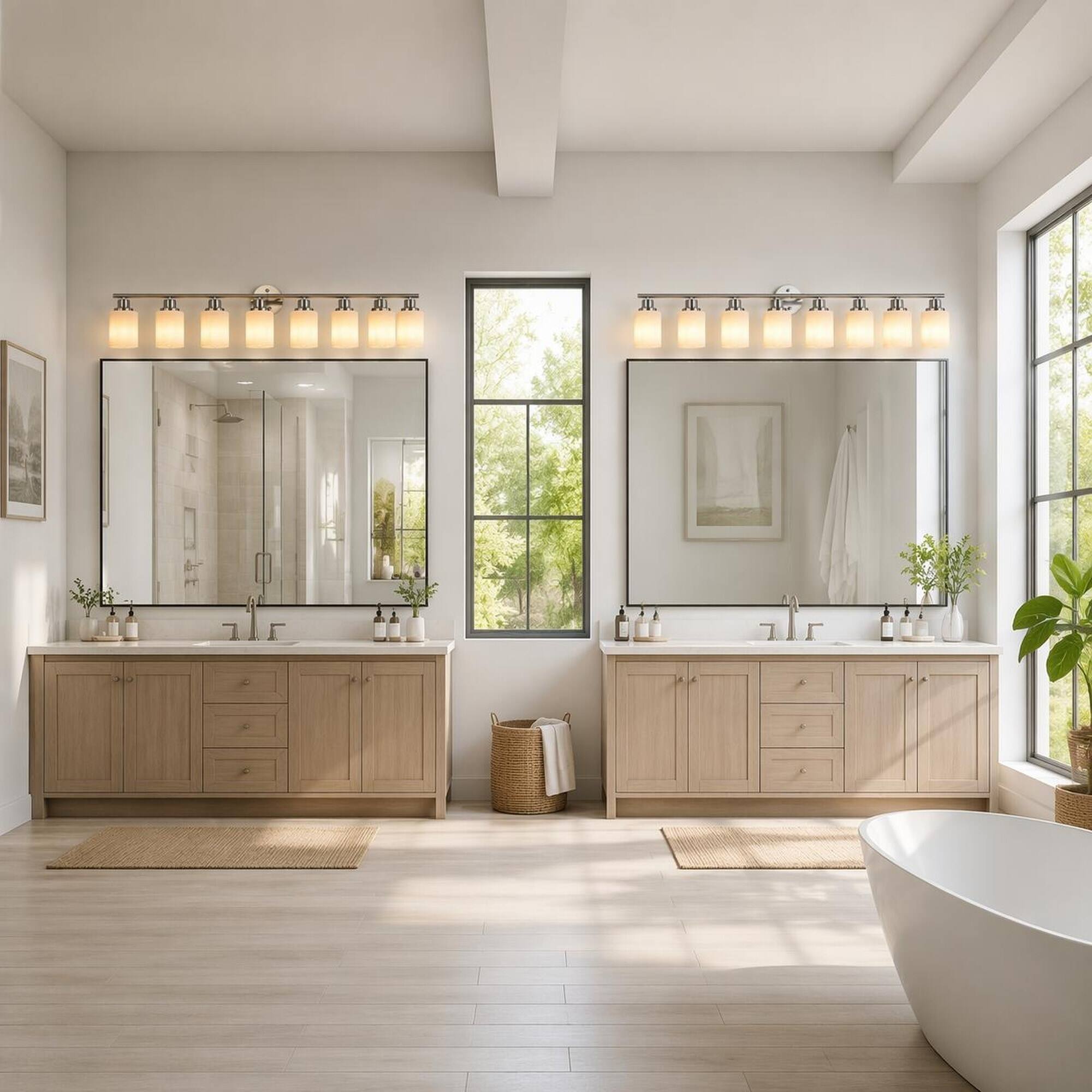RYHNUYNE Brushed Nickel 8‑Light Bathroom Vanity Light, Modern Wall ...