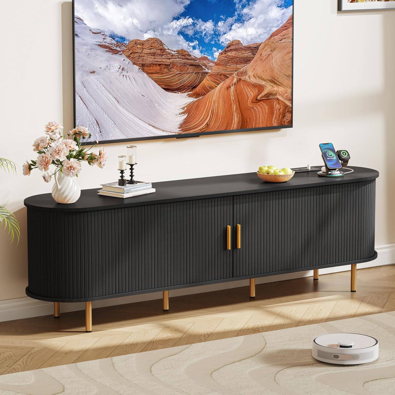 Tiramisubest - 71"TV Stand with Power Outlet for TVs up to 75 Inch,Entertainment Center with Storage,Adjustable Shelves & Sliding Doors - Black