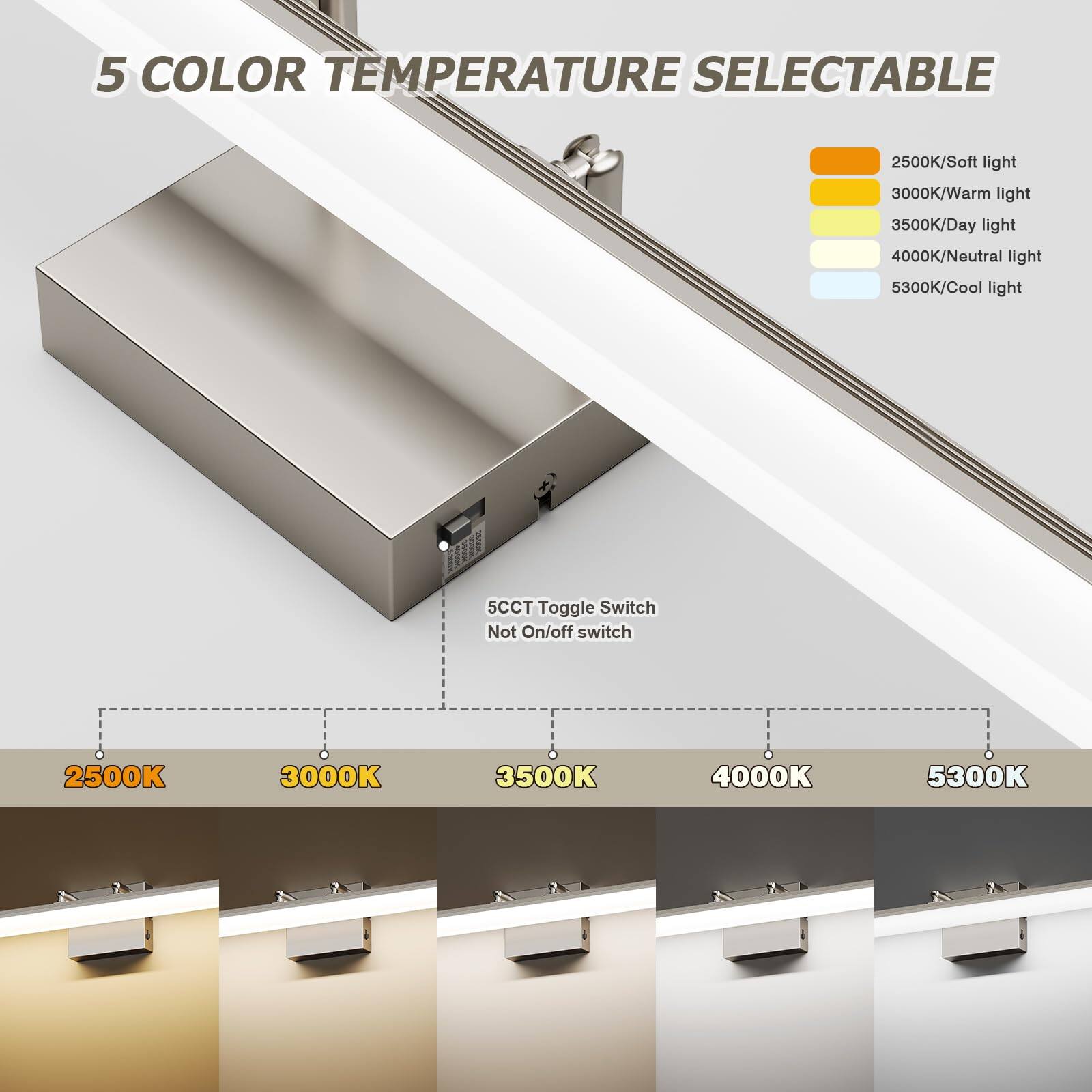 5 COLOR TEMPERATURE SELECTABLE

- 2500K/Soft light
- 3000K/Warm light
- 3500K/Day light
- 4000K/Neutral light
- 5300K/Cool light

5CCT Toggle Switch Not On/off switch

2500K 3000K 3500K 4000K 5300K