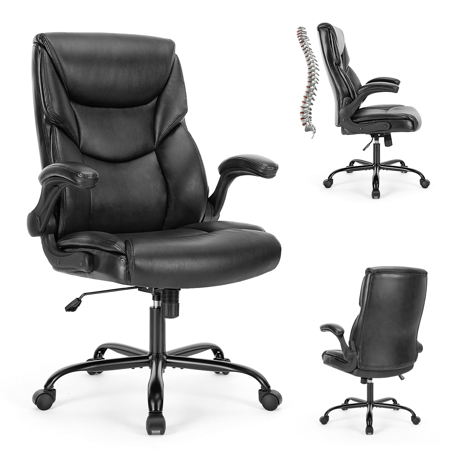 Spaco - PU Leather Executive Office Chair with Adjustable Flip-up Armrest,Lumbar Support, Strong Metal Base, Home Office - Black