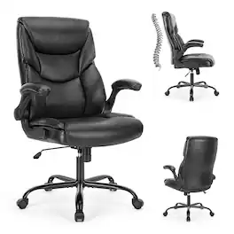 Spaco - PU Leather Executive Office Chair with Adjustable Flip-up Armrest,Lumbar Support, Strong Metal Base, Home Office - Black