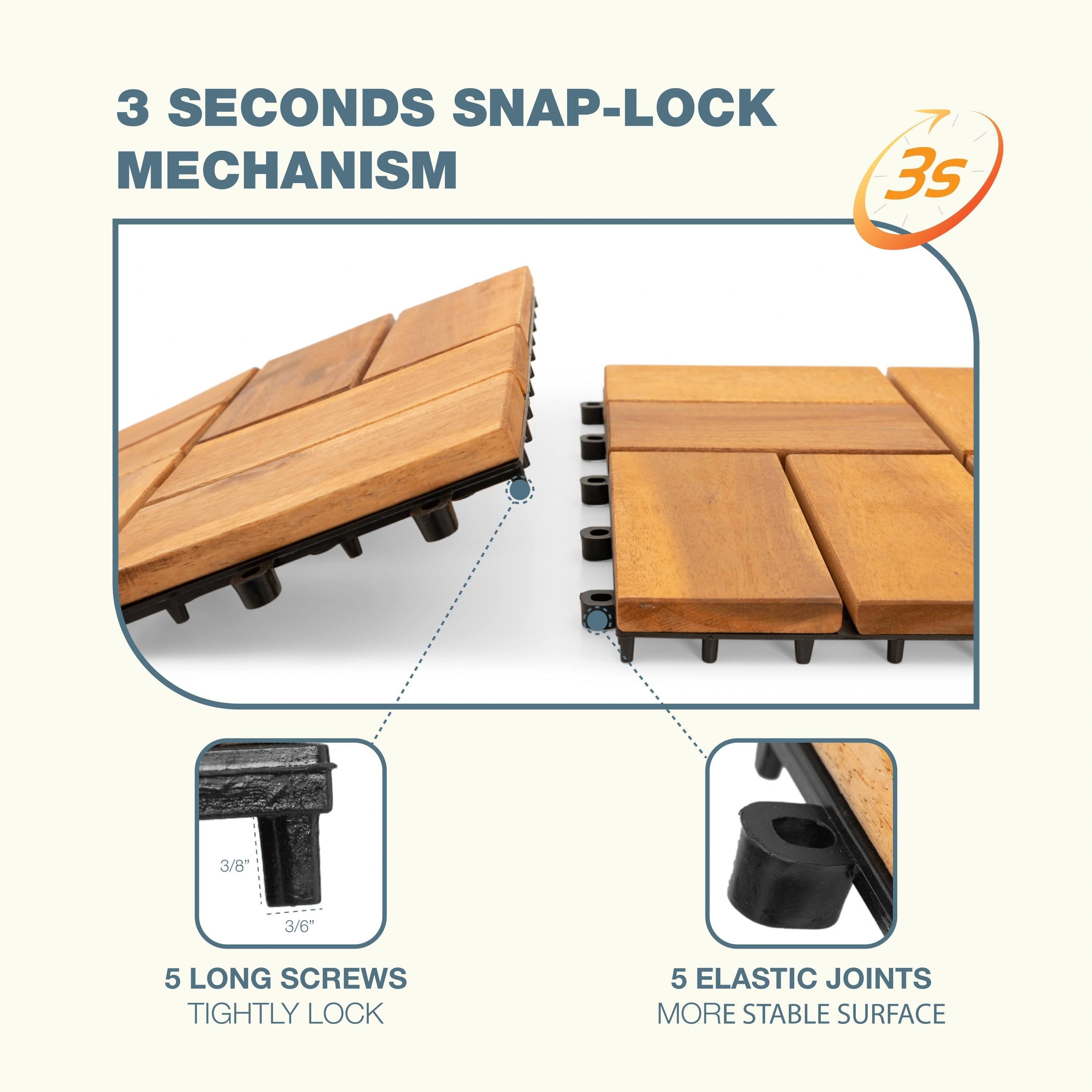 3 SECONDS SNAP-LOCK MECHANISM

- 3/8" and 3/6" 
- 5 LONG SCREWS TIGHTLY LOCK
- 5 ELASTIC JOINTS FOR A MORE STABLE SURFACE