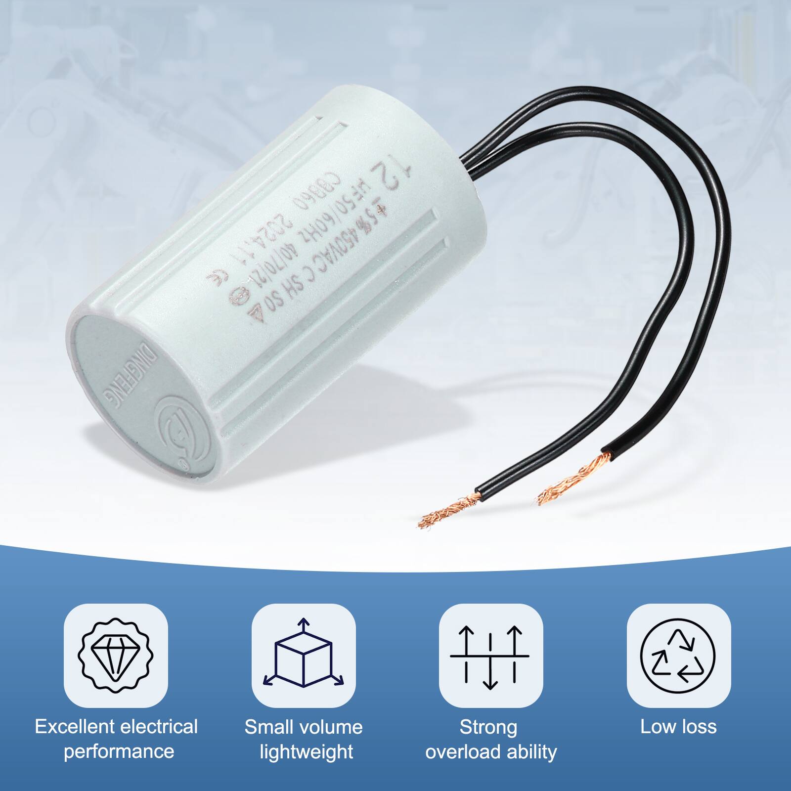 DINGFENG 09080 12 209/05ar HF50 +5% 2024.11 209 40/70/21. C 450VAC HS OS

Excellent electrical performance  
Small volume lightweight  
Strong overload ability  
Low loss