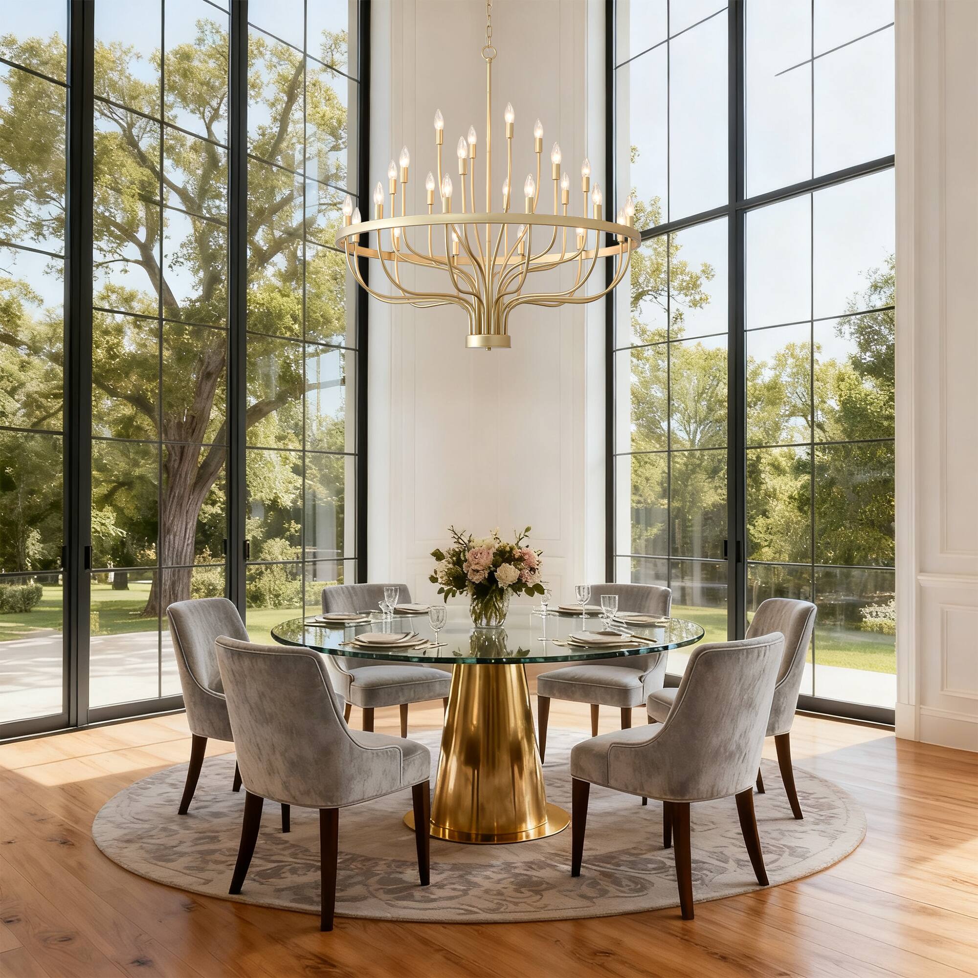 Angle. RYHNUYNE - Gold Chandelier 24 Light Large Chandelier for High Ceilings 39.3in Farmhouse Wagon Wheel Chandeliers for Hallway Foyer - Gold.