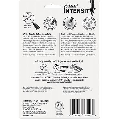**BIC Intensity**

**0.4 mm**

**Write. Doodle. Define the details.**

**Fineliner Fine. With fine tip (0.4 mm), gives you the extra bold color detail that won't bleed through paper. Plus, the water-based ink is protected by a metal nib that prevents the tip from wearing down, ensuring clean, crisp writing.**

**Results could vary based on paper characteristics.**

**Griffonnez. Prcisez les dtails.**

**Avec une pointe fine (0.4 mm), apportez vos travaux d'criture, de spelluodino ou de dessin des dtails colors qui ne traversent pas le papier. Une pointe 3 mtal protge de l'usure garantit une criture propre nette. De plus, l'encre base d'eau est parfaite pour crire sur du papier. Les rsultats peuvent varier selon le type de papier.**

**Add to your collection!**

**A joindre votre collection!**

**Medium 0.7 mm**

**Dual Tip Color Change**

**Learn more about the "BIC Intensity" line and get tips on using it