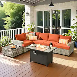 Ovios - 7 PCS Patio Sectional Furniture with 42" Fire Pit Table Rattan Wicker Coversation Couch Set - Orange Red