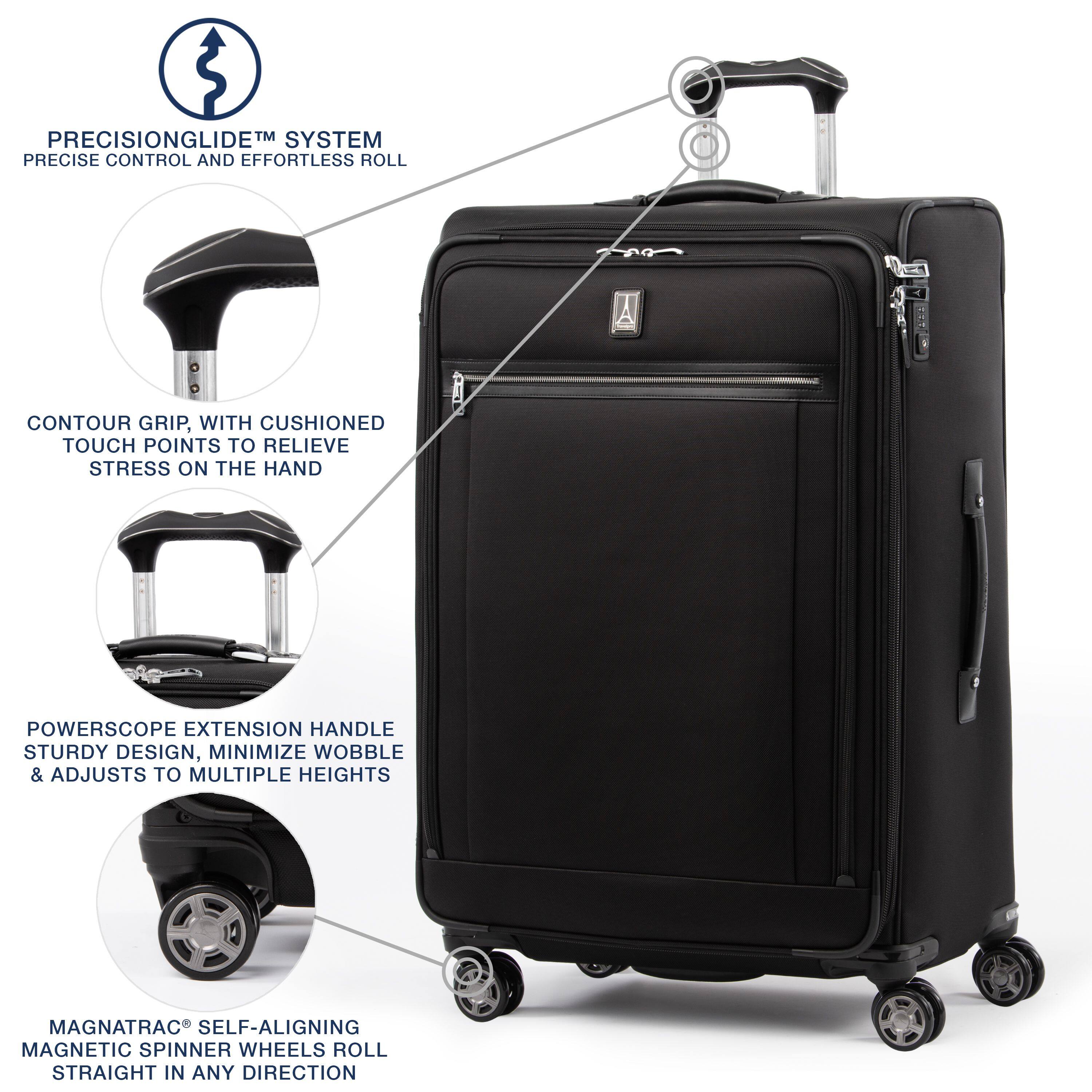PRECISIONGLIDE™ SYSTEM  
PRECISE CONTROL AND EFFORTLESS ROLL  

CONTOUR GRIP, WITH CUSHIONED TOUCH POINTS TO RELIEVE STRESS ON THE HAND  

POWERSCOPE EXTENSION HANDLE  
STURDY DESIGN, MINIMIZE WOBBLE & ADJUSTS TO MULTIPLE HEIGHTS  

MAGNATRAC® SELF-ALIGNING MAGNETIC SPINNER WHEELS  
ROLL STRAIGHT IN ANY DIRECTION