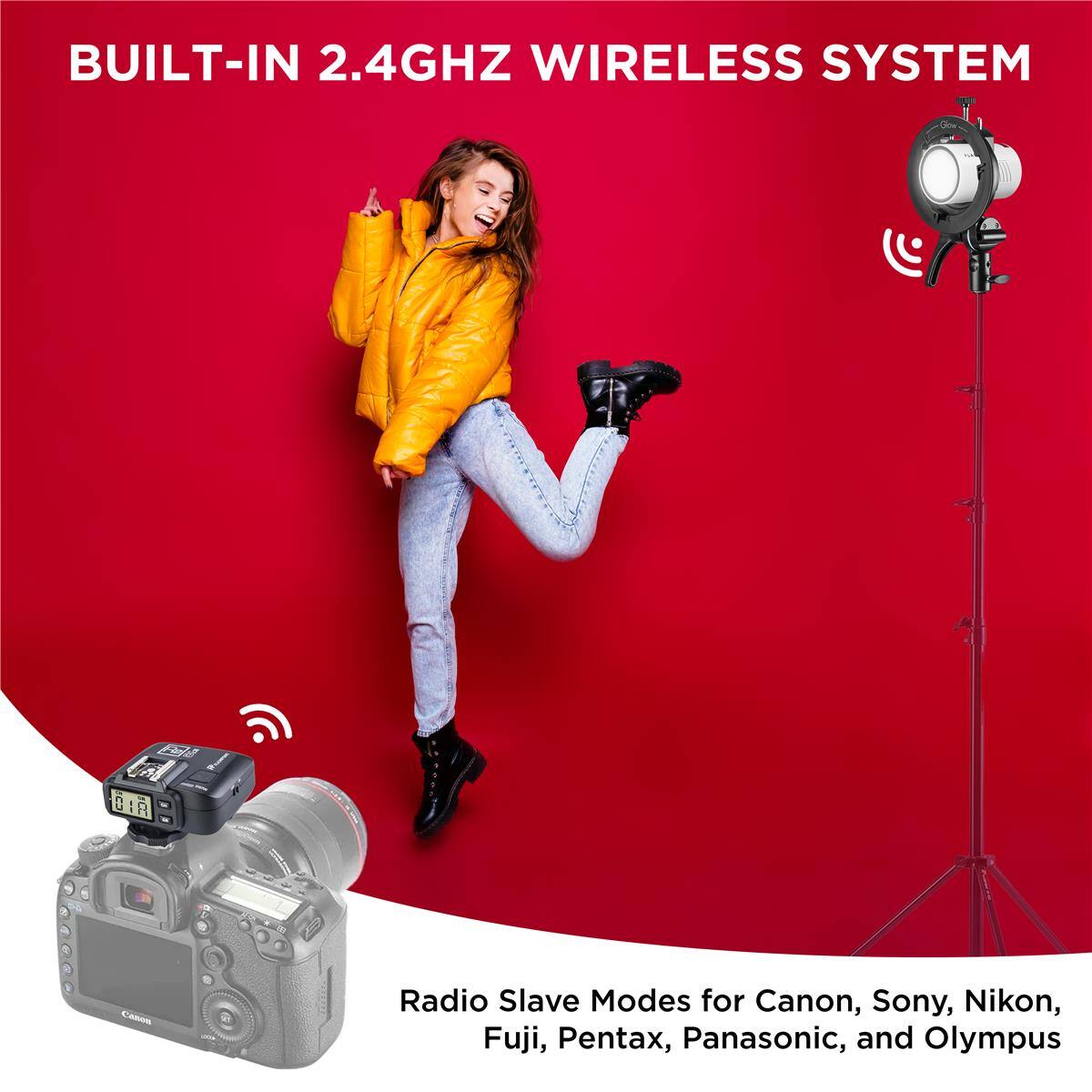 BUILT-IN 2.4GHZ WIRELESS SYSTEM

Radio Slave Modes for Canon, Sony, Nikon, Fuji, Pentax, Panasonic, and Olympus