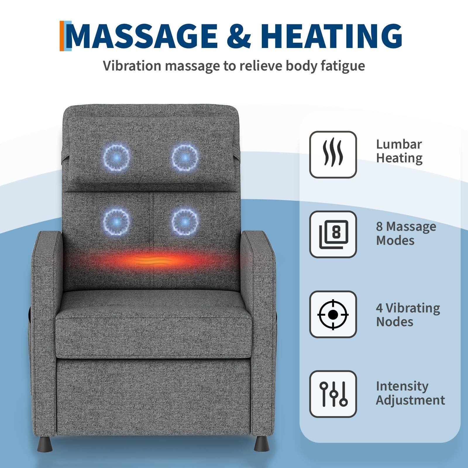 MASSAGE & HEATING  
Vibration massage to relieve body fatigue  

- Lumbar Heating  
- 8 Massage Modes  
- 4 Vibrating Nodes  
- Intensity Adjustment