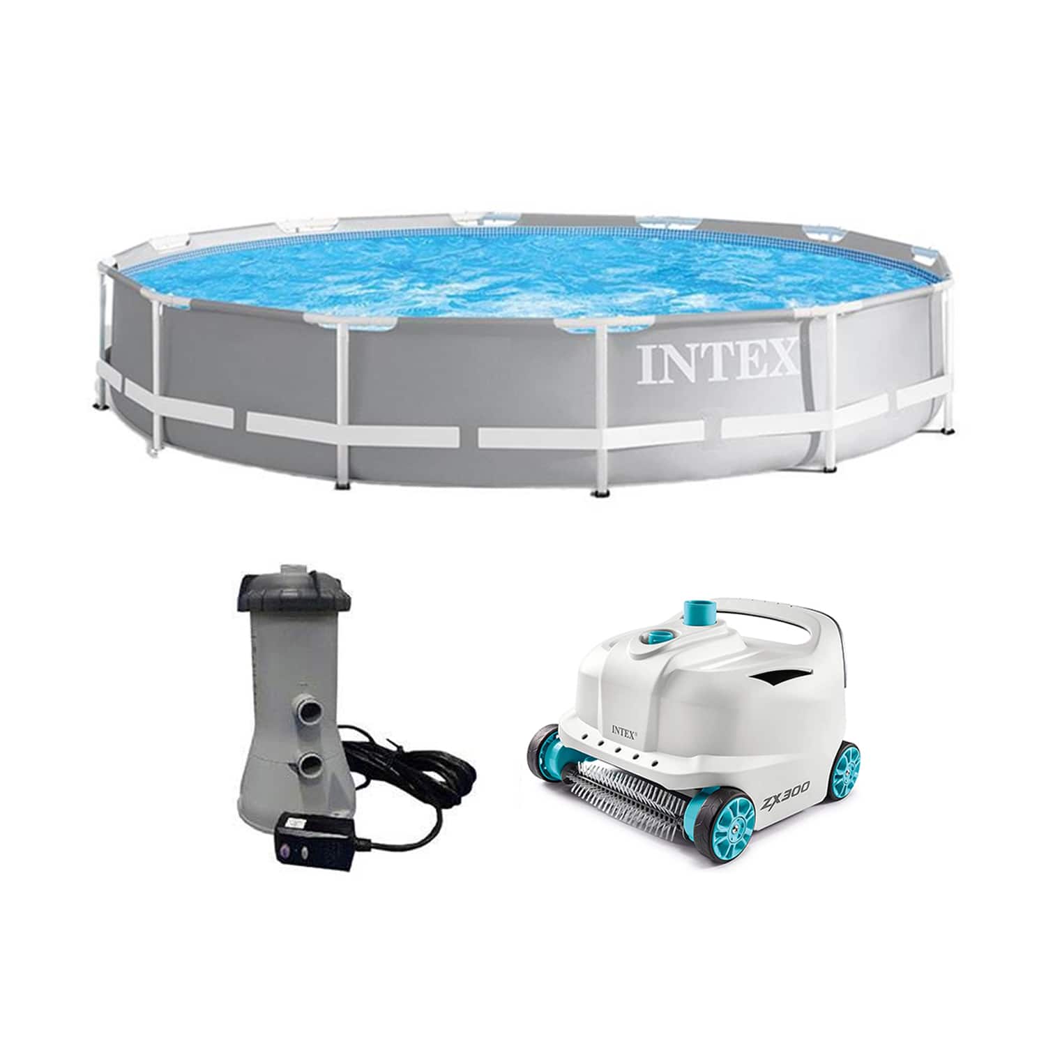 Intex - 26711EH 12ft x 30in Frame Above Ground Swimming Pool Set & Robot Vacuum - Gray