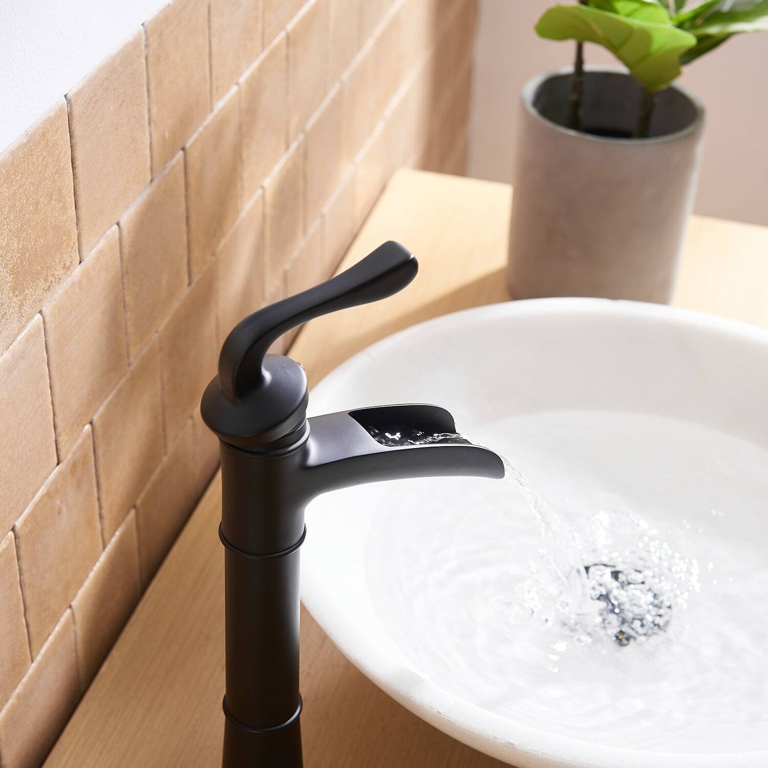 Angle. Boyel Living - Waterfall Single Handle Single Hole Vessel Bathroom Faucet with Pop-up Drain in Matte Black - Matte Black.