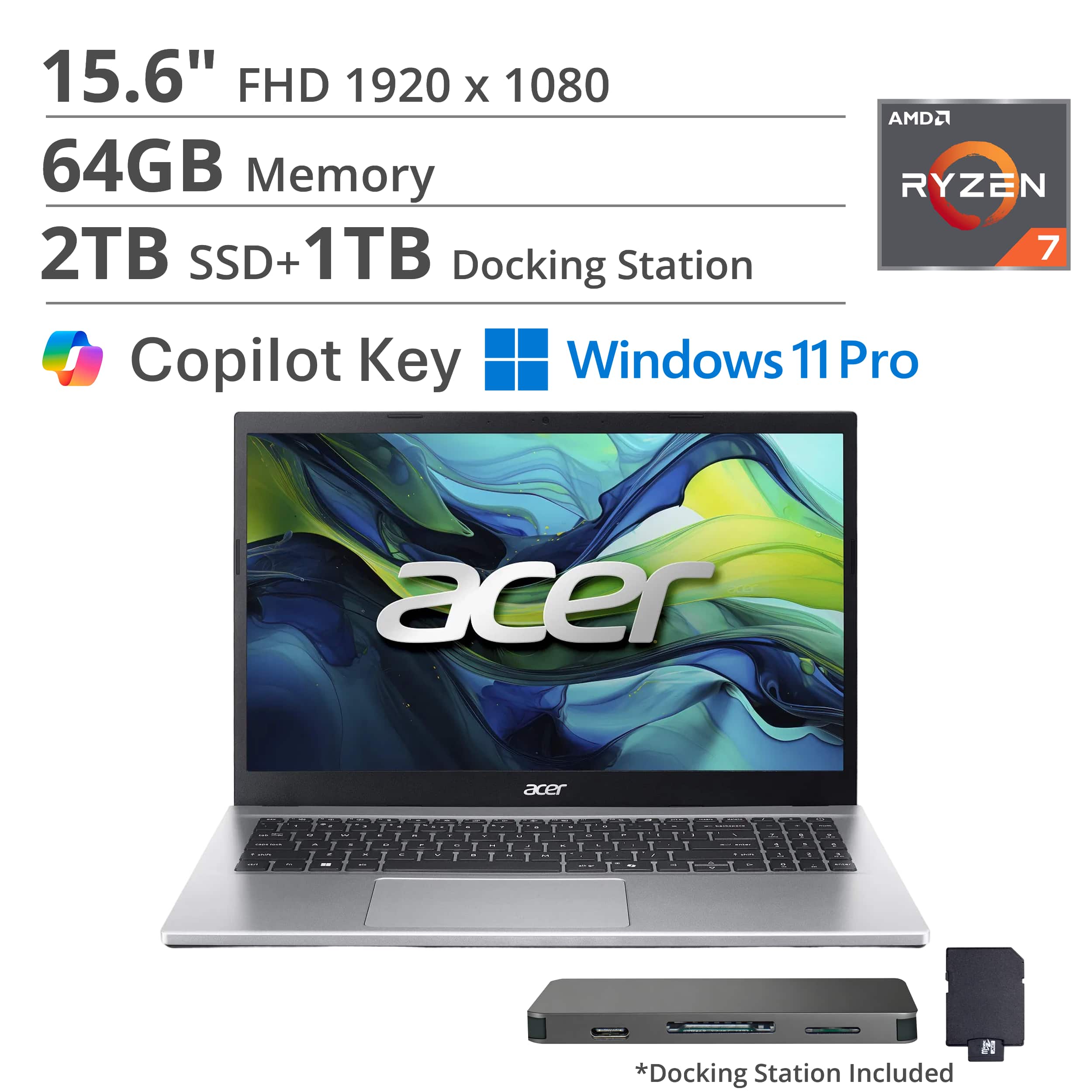 Acer - Aspire Go 15 – 15.6" FHD Laptop – AMD Ryzen 7 7730U 2023 – AMD Radeon Graphics - 64GB DDR4 – 2TB PCIe Storage - Pure Silver