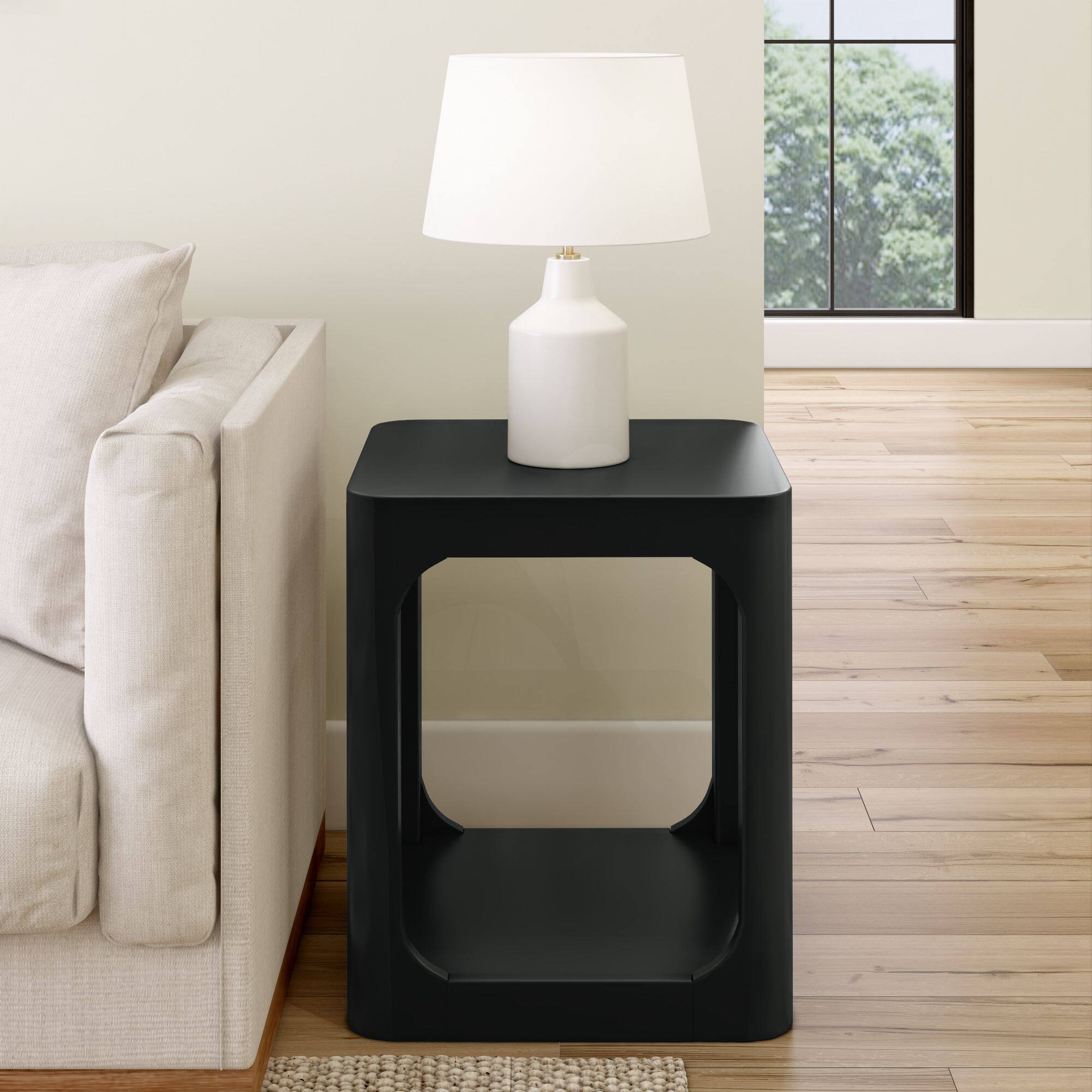 Alt View 1. Plank+Beam - Modern Rounded Square Side Table with Shelf (20in x 20in / 510mm x 510mm), Black - Black.