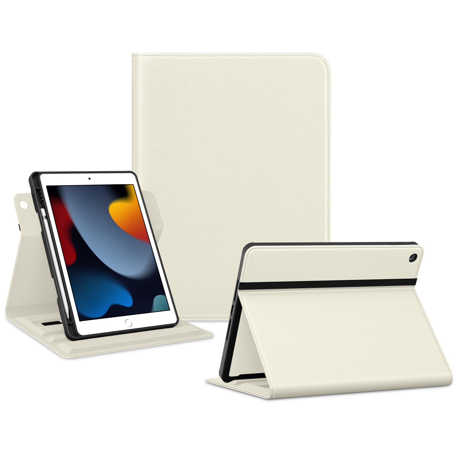 DTTO - Rotating Case for iPad 9th/8th/7th Gen 10.2", Leather Folio with Pencil Holder, 360° Stand, Hand & Close Straps - Milk