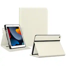 DTTO - Rotating Case for iPad 9th/8th/7th Gen 10.2", Leather Folio with Pencil Holder, 360° Stand, Hand & Close Straps - Milk