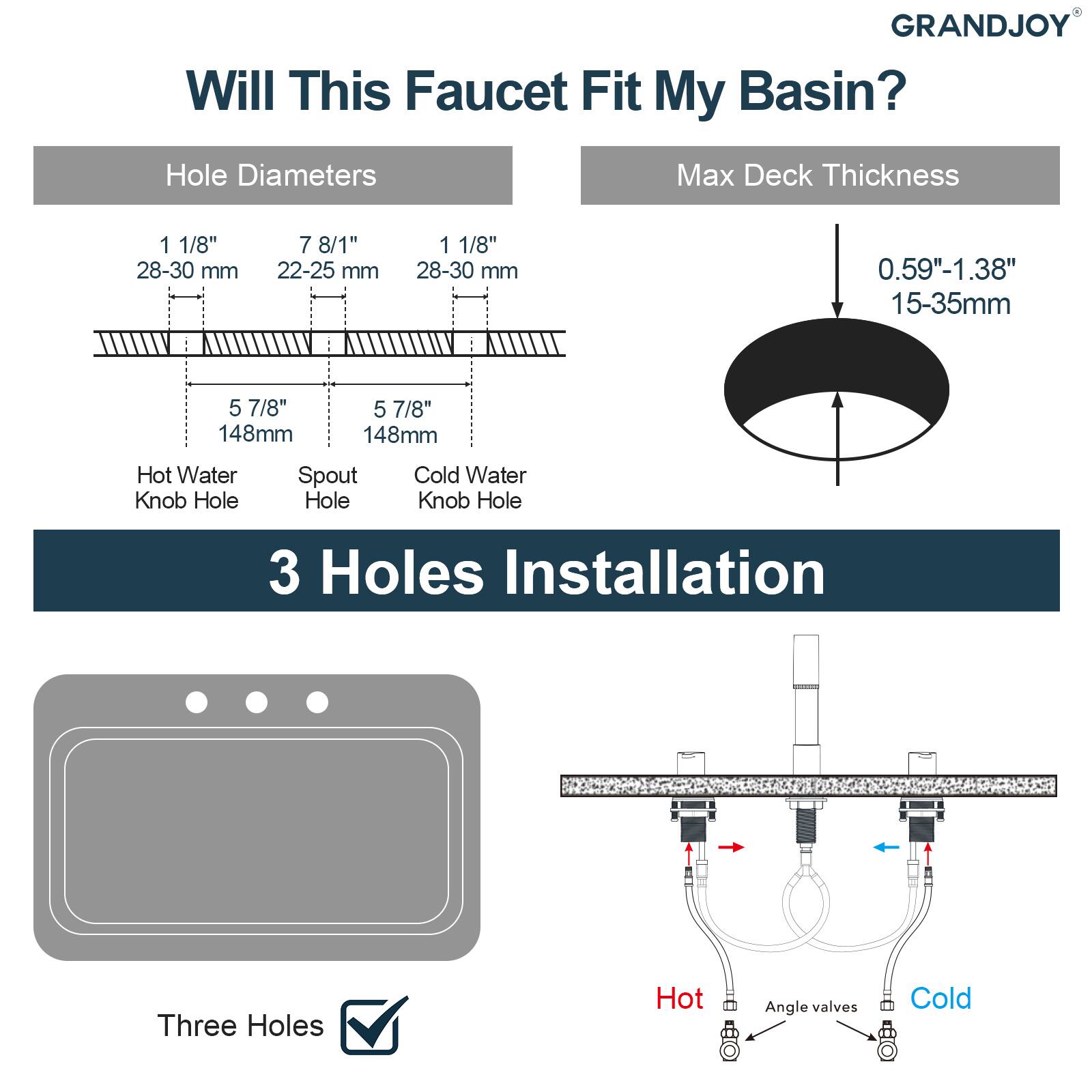 GRANDJOY  
Will This Faucet Fit My Basin?  

Hole Diameters  
- Hot Water Knob Hole: 1 1/8" (28-30 mm)  
- Spout Hole: 7 8/1" (22-25 mm)  
- Cold Water Knob Hole: 1 1/8" (28-30 mm)  
- Hot Water Knob Hole: 5 7/8" (148 mm)  
- Spout Hole: 5 7/8" (148 mm)  

Max Deck Thickness: 0.59"-1.38" (15-35mm)  

3 Holes Installation  
- Three Holes  

Hot  
- Angle valves  
Cold