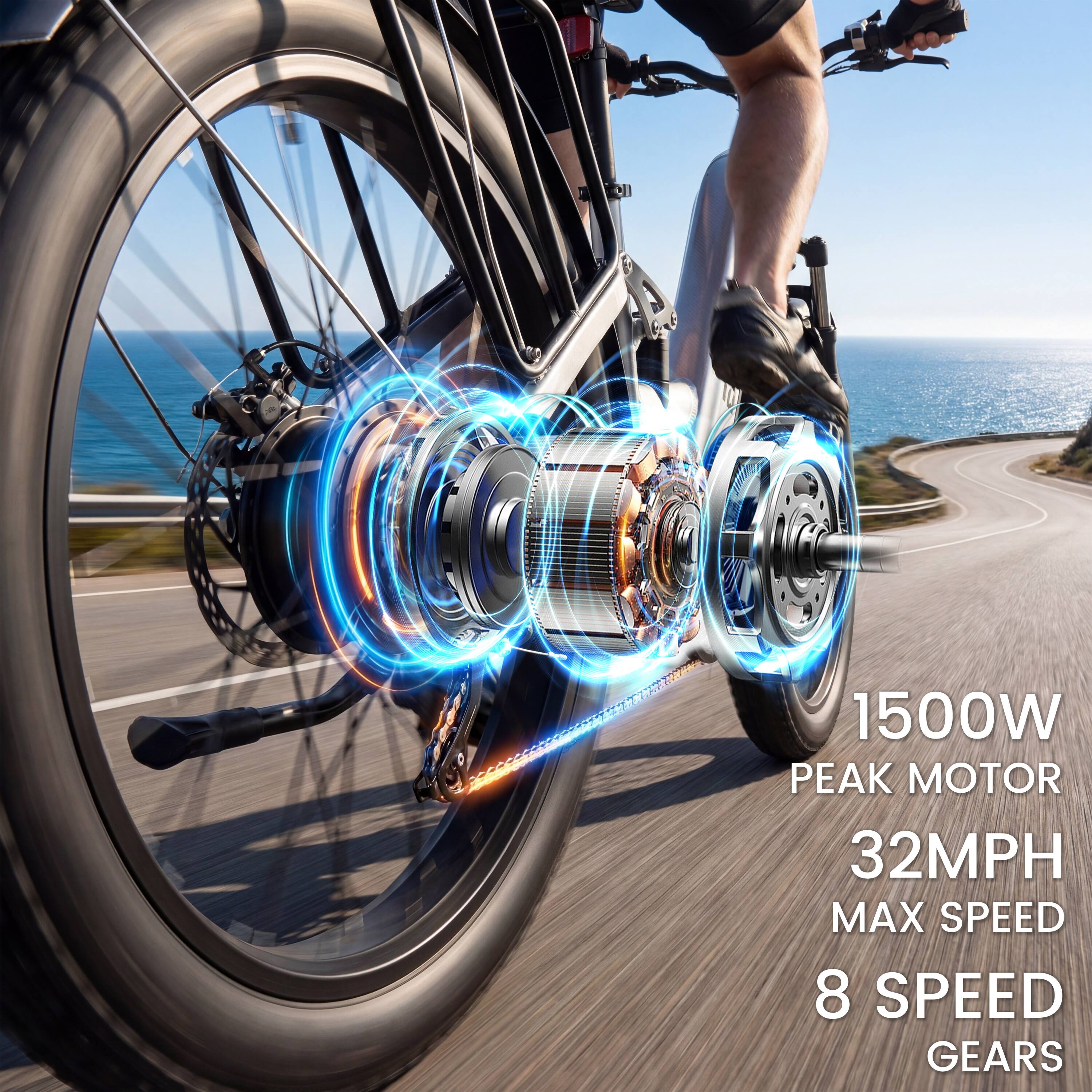 1500W Peak Motor  
32MPH Max Speed  
8 Speed Gears