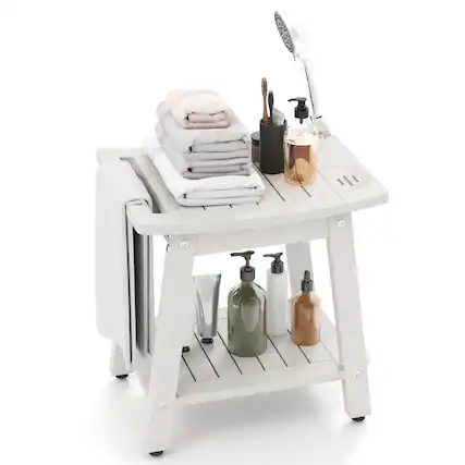 Front. Gymax - Gymax Shower Bench Seat HIPS Shower Stool w/Handle Shower Head & Soap Holder White - White.