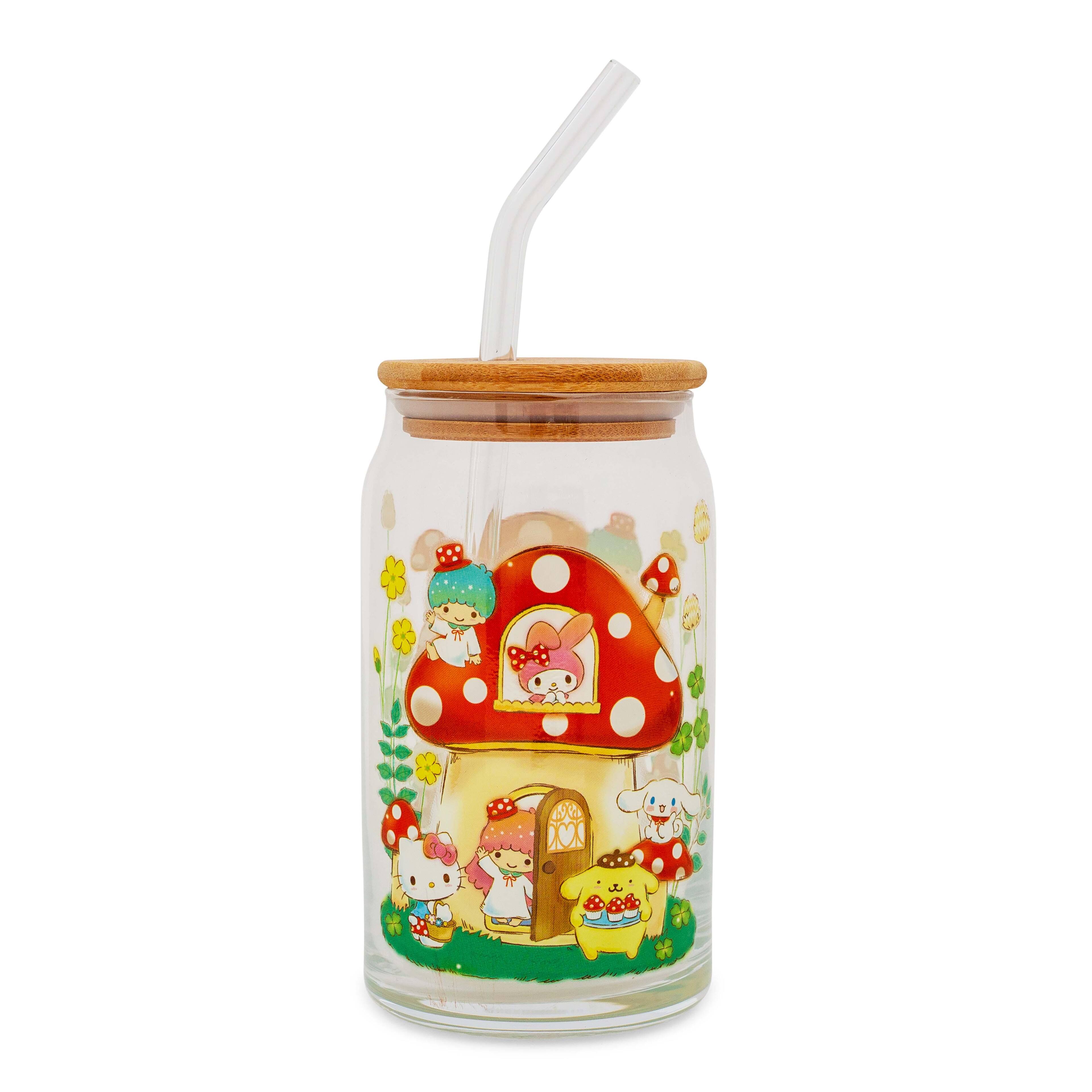 Alt View 1. Silver Buffalo - Sanrio Hello Kitty and Friends Mushroom Glass Tumbler With Bamboo Lid and Straw - Red.