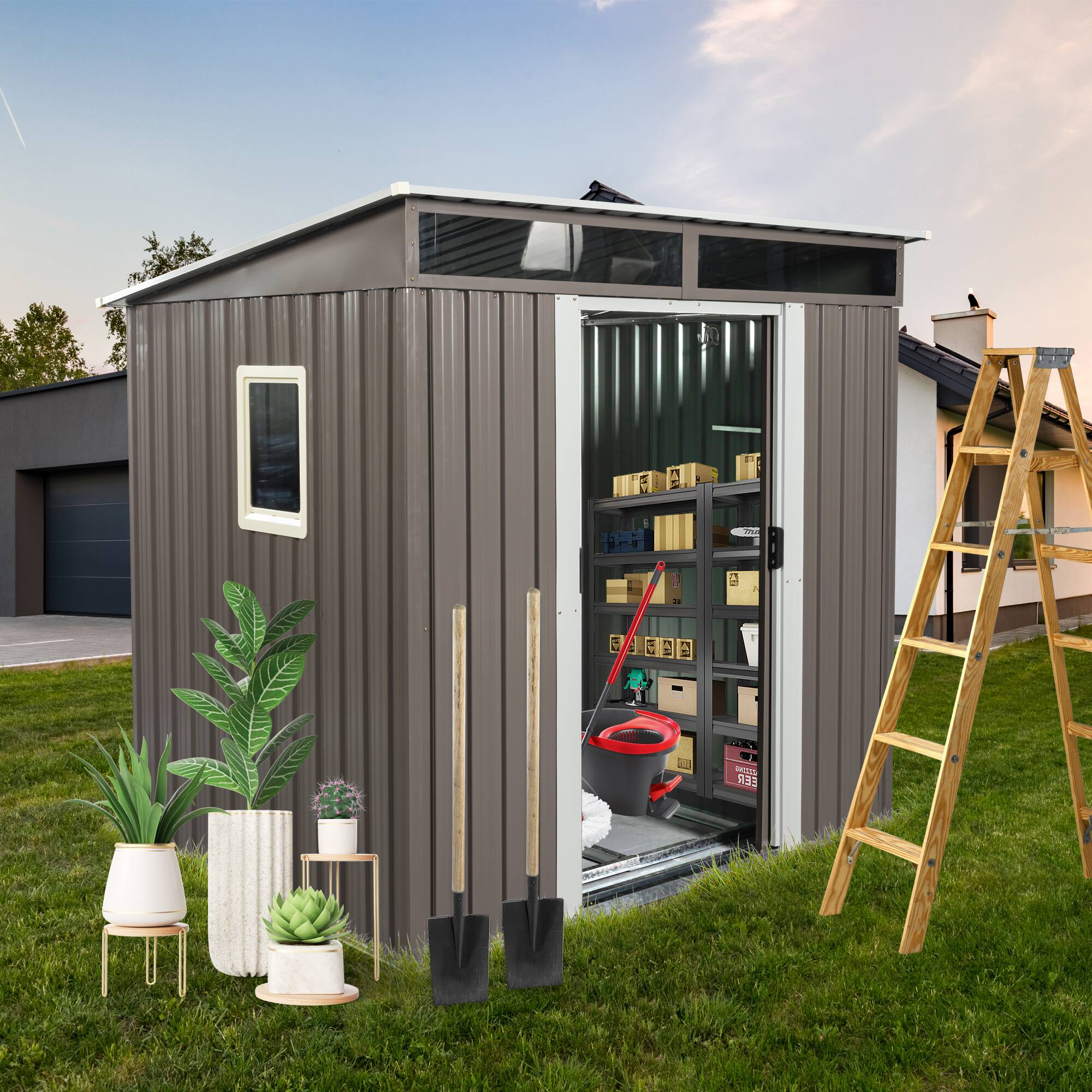 Left. Mondawe - 6ft x 5ft Outdoor Metal Storage Shed With foundation and window - Gray.