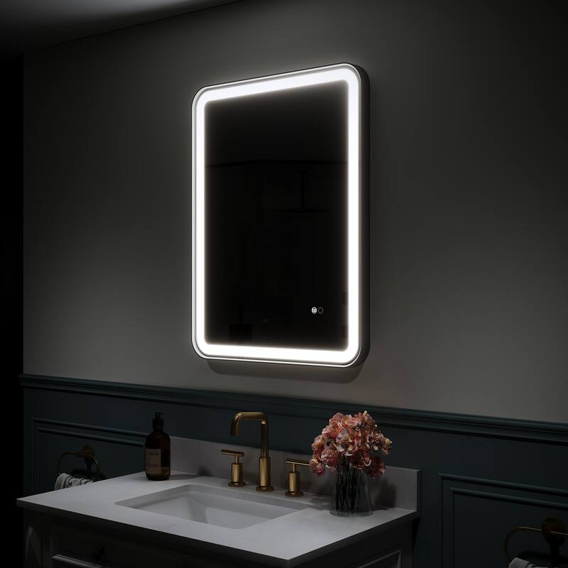 Left. WELLFOR - 24 in. W x 32 in. H Anti-Fog LED Bathroom Mirror, Wall Bathroom Vanity Mirror with Framed Round Corner - Matte Black.