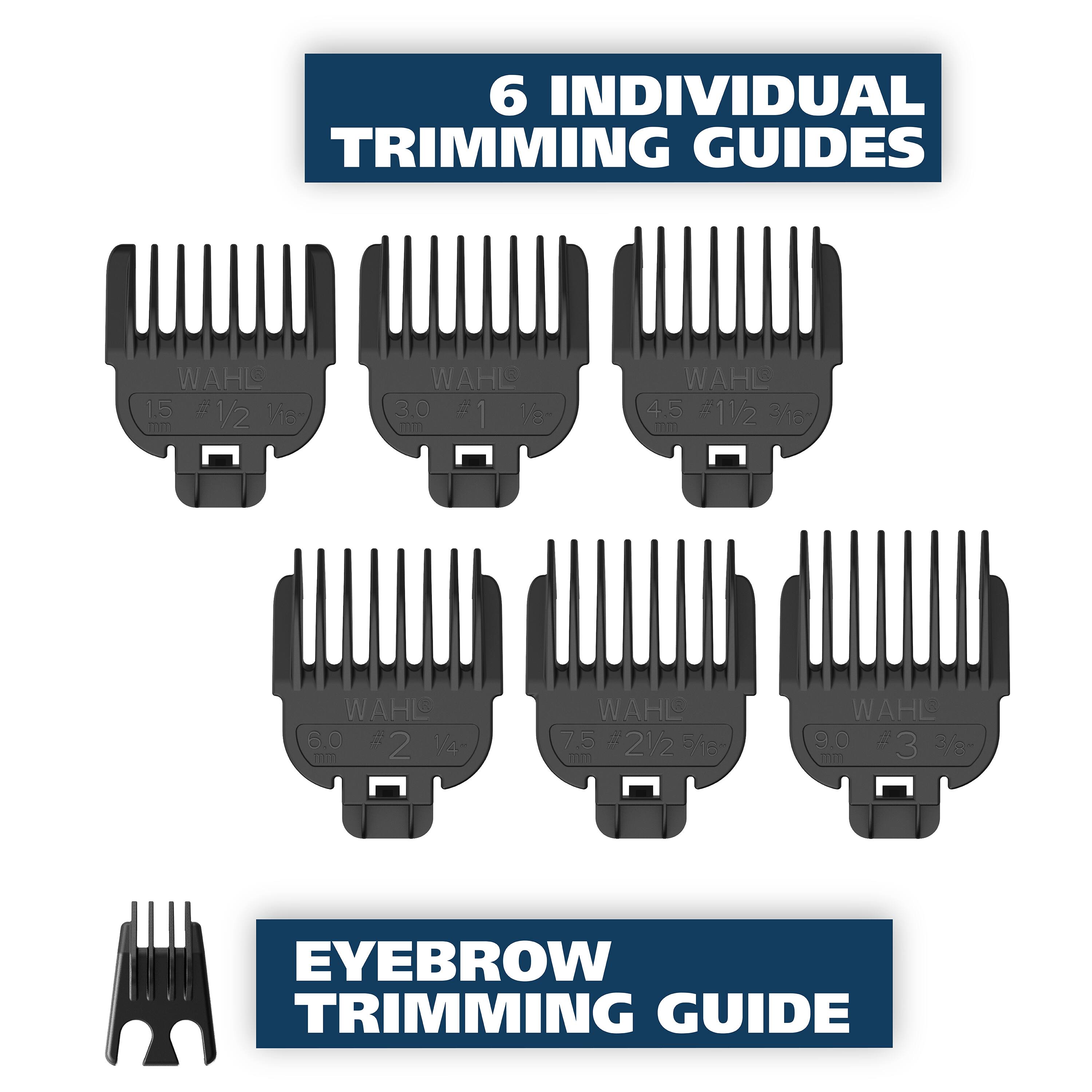 The image features six individual trimming guides for eyebrow trimming, each labeled with a different size. The guides are designed to help users achieve the perfect shape and length for their eyebrows. The sizes range from 1/2 inch to 3/16 inch, providing a variety of options to suit individual preferences and needs. The guides are part of the WAHL brand, known for their high-quality hair care products.