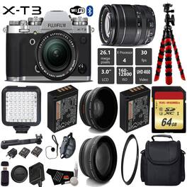 Fujifilm - X-T3 Mirrorless Camera Silver with XF 18-55mm Lens 26.1MP 4K60 w 64GB SD Card Tripod Light Bundle - 64GB