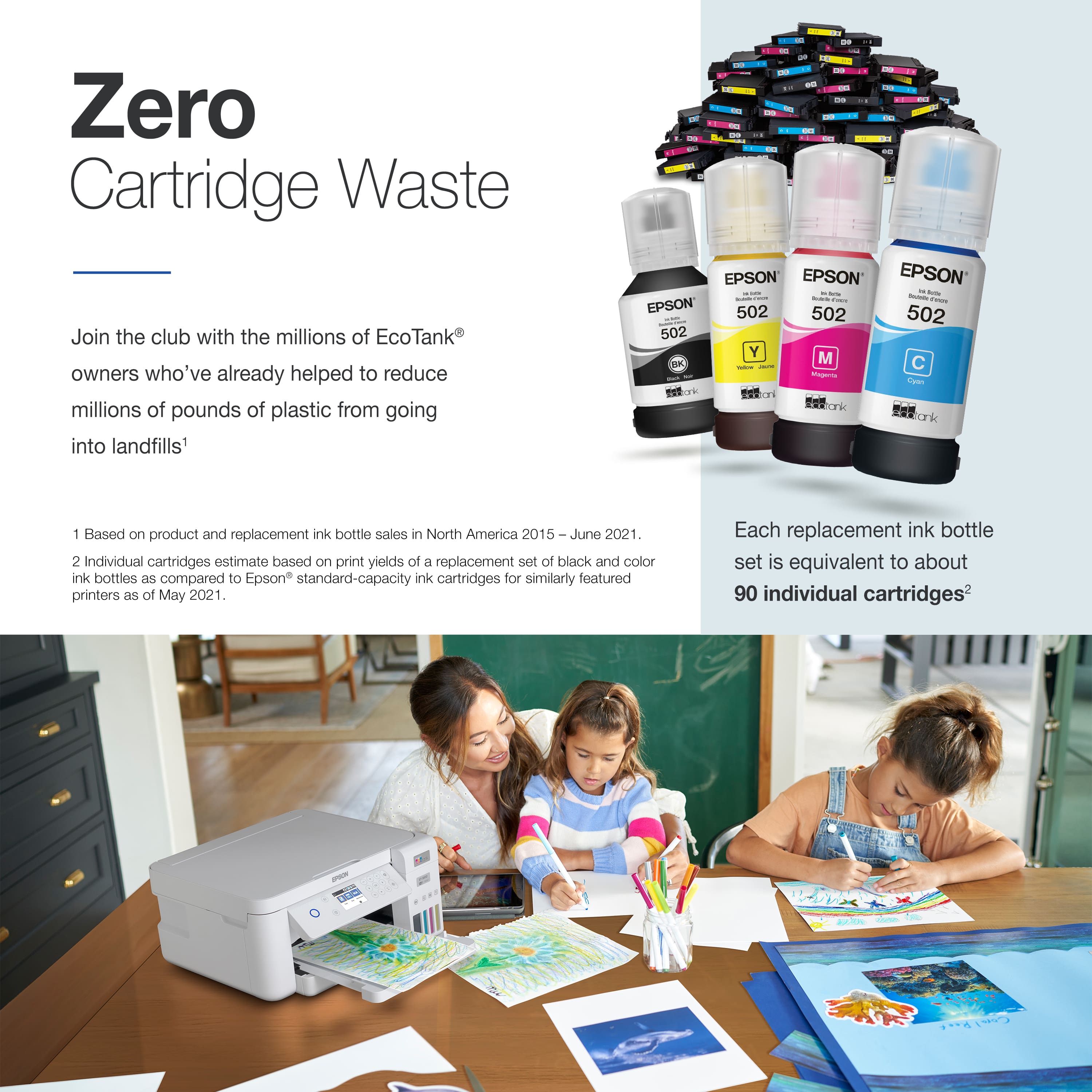 Zero Cartridge Waste Join the club with the millions of EcoTank owners who've already helped to reduce millions of pounds of plastic from going into landfills. Based on product and replacement ink bottle sale in North America 2015 June 2021. Individual cartridges estimate based on print yields of a replacement set of black and color ink bottles as compared to Epson standard-capacity ink cartridges for similarly featured printers as of May 2021. Each replacement ink bottle set is equivalent to about 90 individual cartridges.