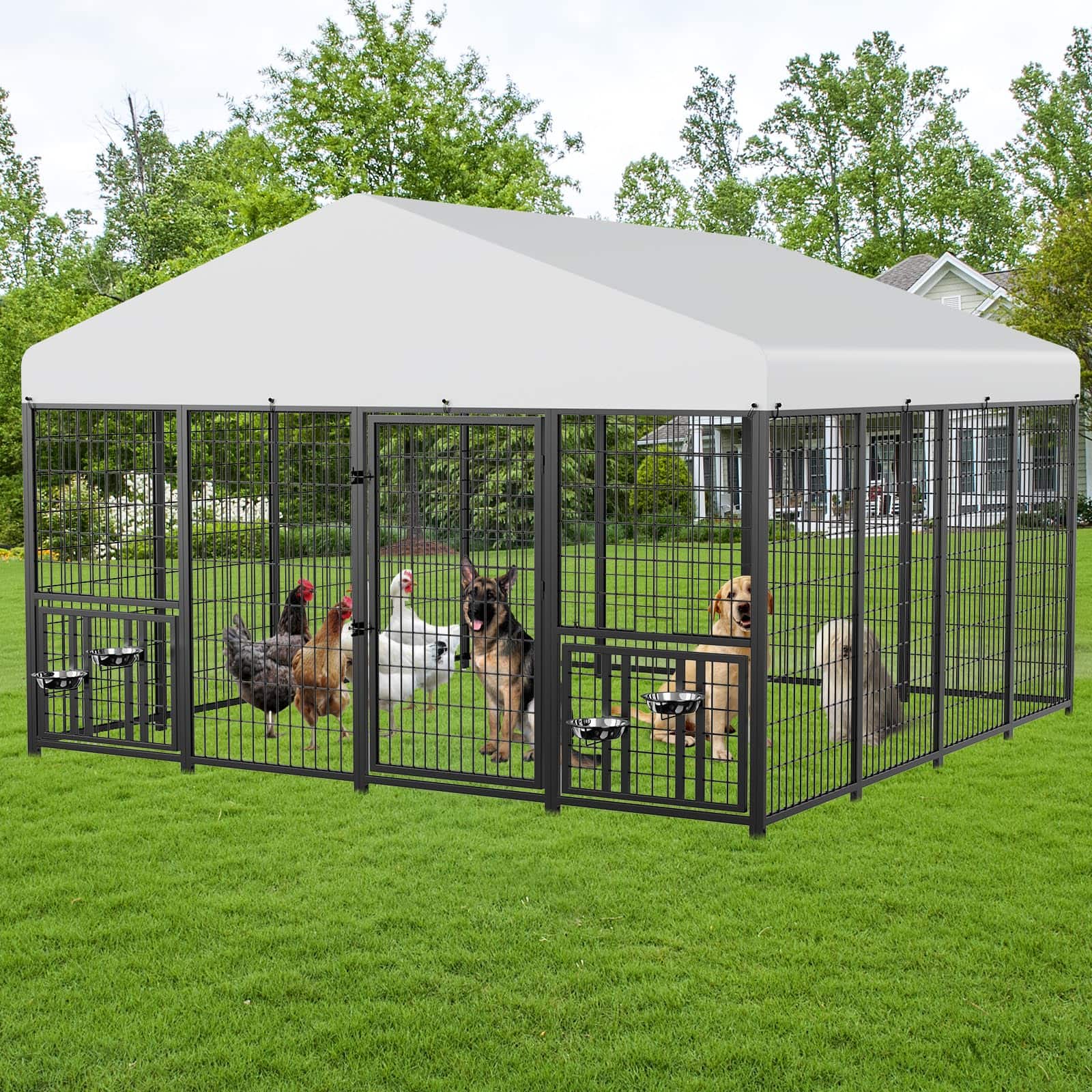 LOVMOR - XXL Commercial Dog Kennel: 10x10x6.5-ft Black Steel Outdoor Pen for Extra Large Dogs, Lockable Gate & Roof Cover