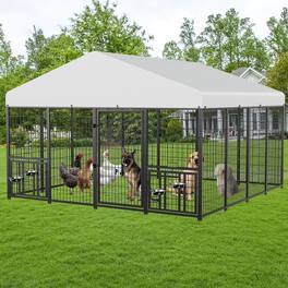 LOVMOR - XXL Commercial Dog Kennel: 10x10x6.5-ft Black Steel Outdoor Pen for Extra Large Dogs, Lockable Gate & Roof Cover