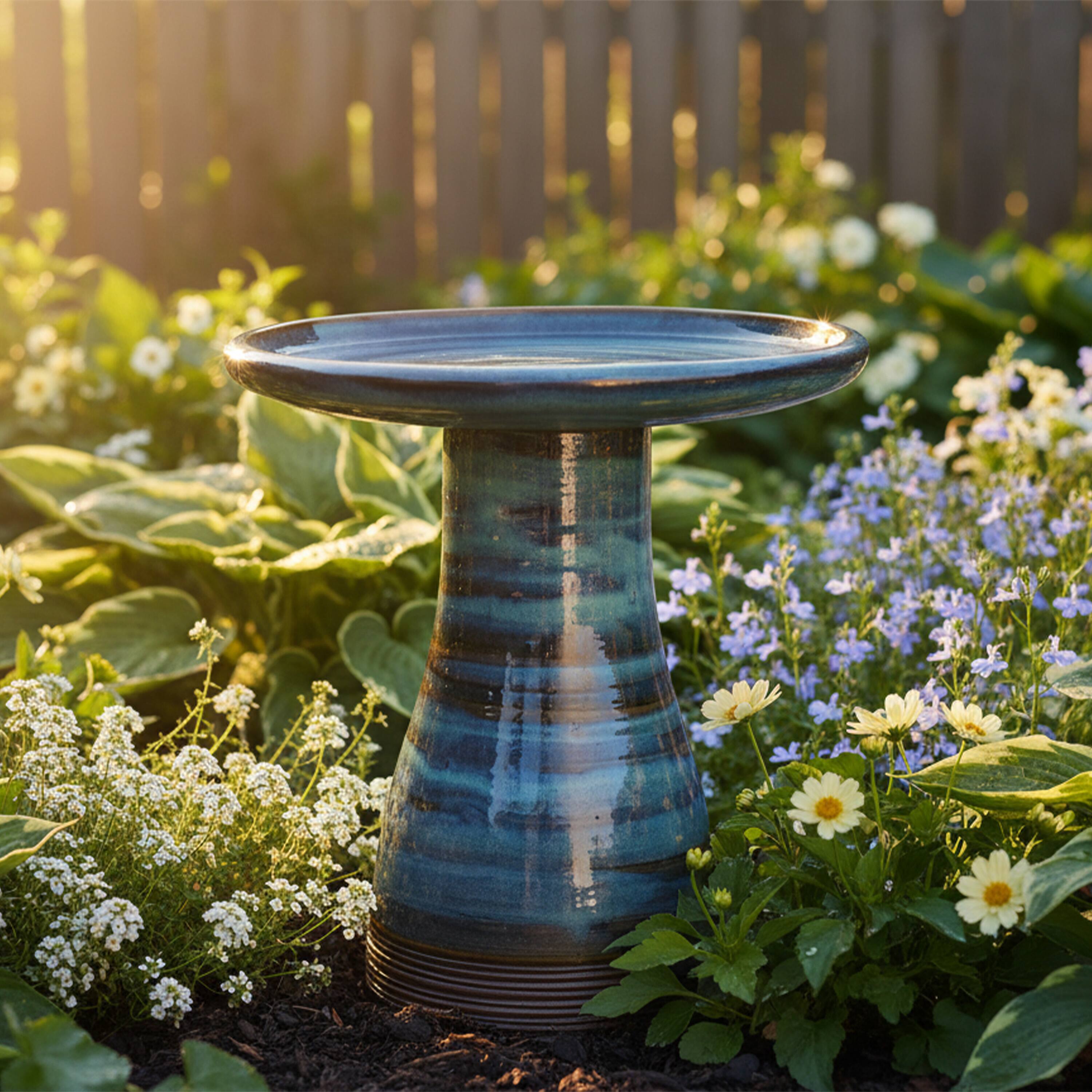 Alt View 4. Sunnydaze - Duo-Tone Outdoor Glazed Ceramic Bird Bath - 21 in - Galaxy Blue.