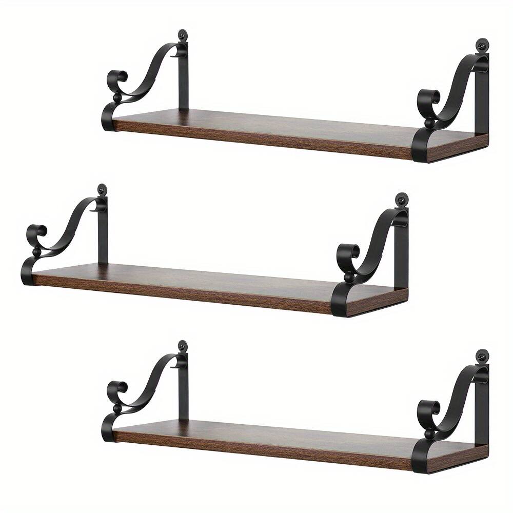 Front. Oumilen - 3 Pack Floating Wall Shelves – Rustic Brown Wood with Scroll Black Metal Brackets, 15.7in Display Rack - Rustic Brown.