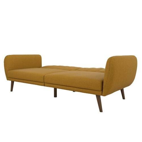 Back. Hivvago - Mustard Linen Upholstered Futon Sofa Bed with Mid-Century Style Wooden Legs - Mustard.