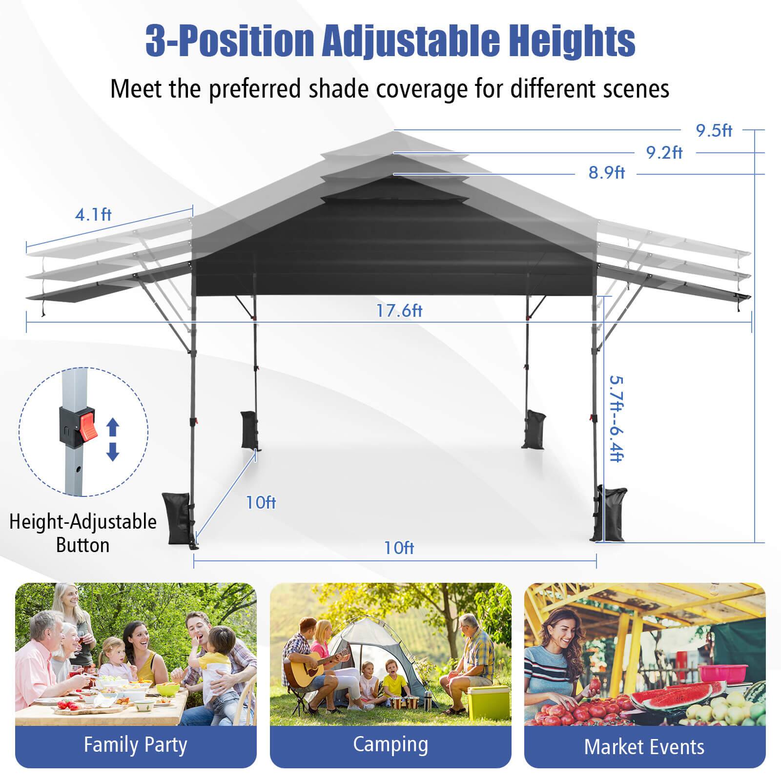 3-Position Adjustable Heights, Meet the preferred shade coverage for different scenes, 9.5ft, 9.2ft, 8.9ft, 4.1ft, 17.6ft, Height-Adjustable Button, 10ft, 10ft, 5.7ft--6.4ft, Family Party, Camping, Market Events