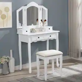 APRILSOUL - Sanlo Wooden Vanity Make Up Table and Stool Set - White