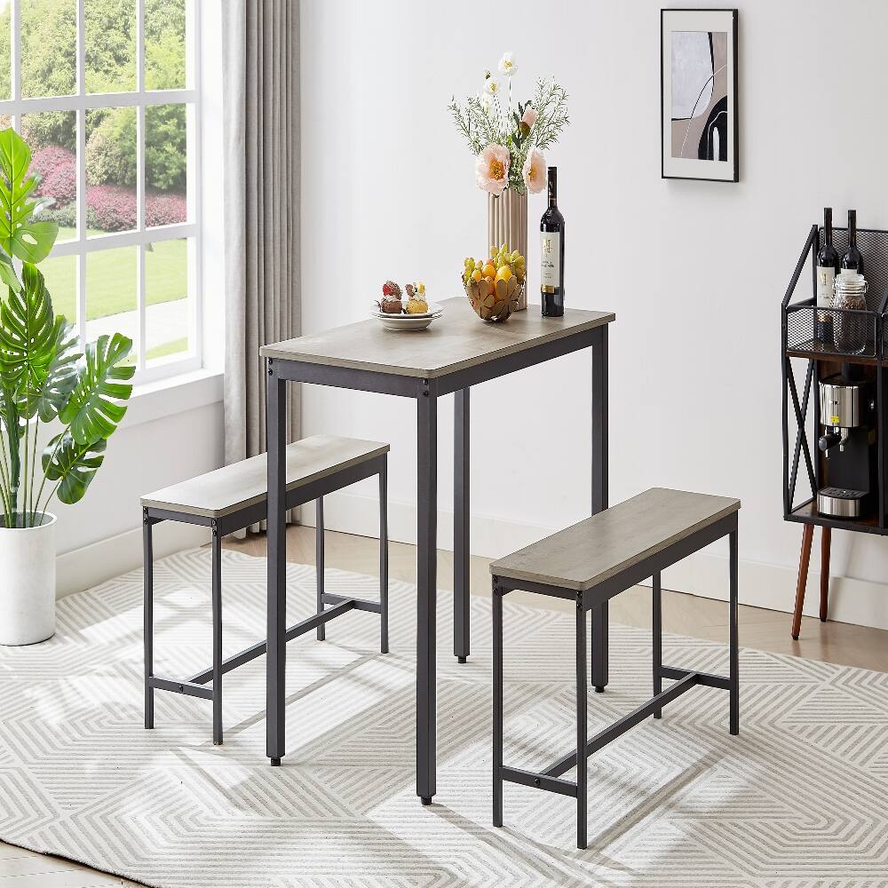 Left. Loheer - Loheer Dining Table Set Industrial Kitchen Table with 2 Stowable Benches Space Saving 3 Piece Rustic Grey - Grey.