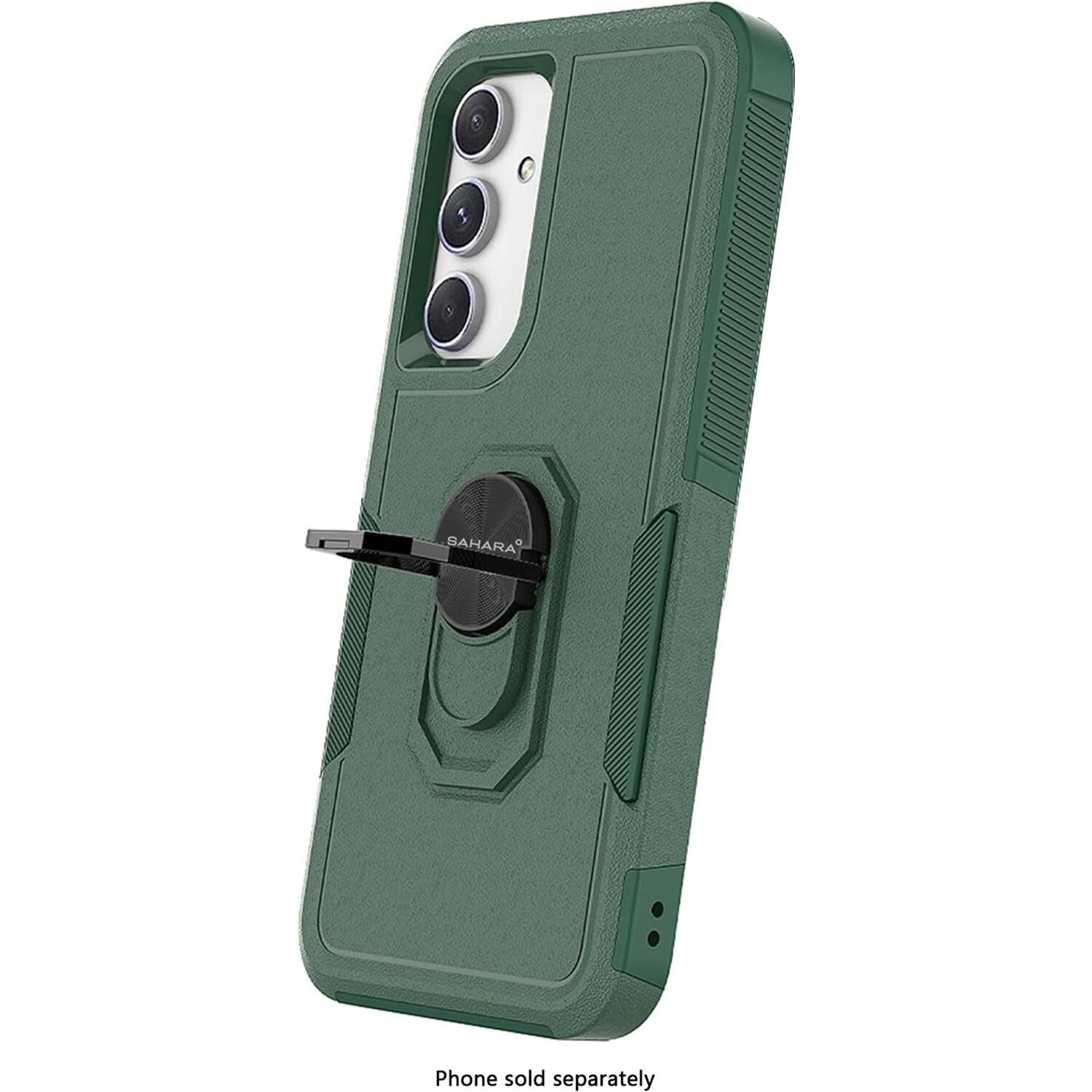 The image shows a green case for a phone, which is sold separately. The case is designed to hold the phone securely and protect it from damage. The case is made of a durable material and features a unique design that sets it apart from other phone cases. The case is compatible with a variety of phone models, making it a versatile and practical accessory for any phone owner.