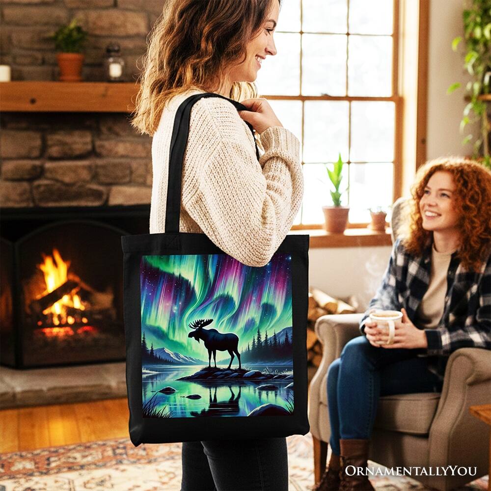 Left. OrnamentallyYou - Majestic Moose Under Northern Lights Canvas Tote Bag, Gift Shopper for Enchanted Christmas - Black.