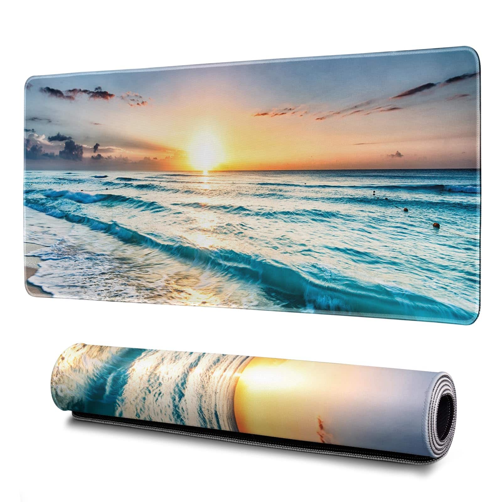 Cozy Serene - Gaming Mouse Pad Abstract Black 31 5x11 8 Inch Sea Wave Texture Non-slip Rubber Base Large Mousepad Stitched Edges Mat - Sunrise Beach