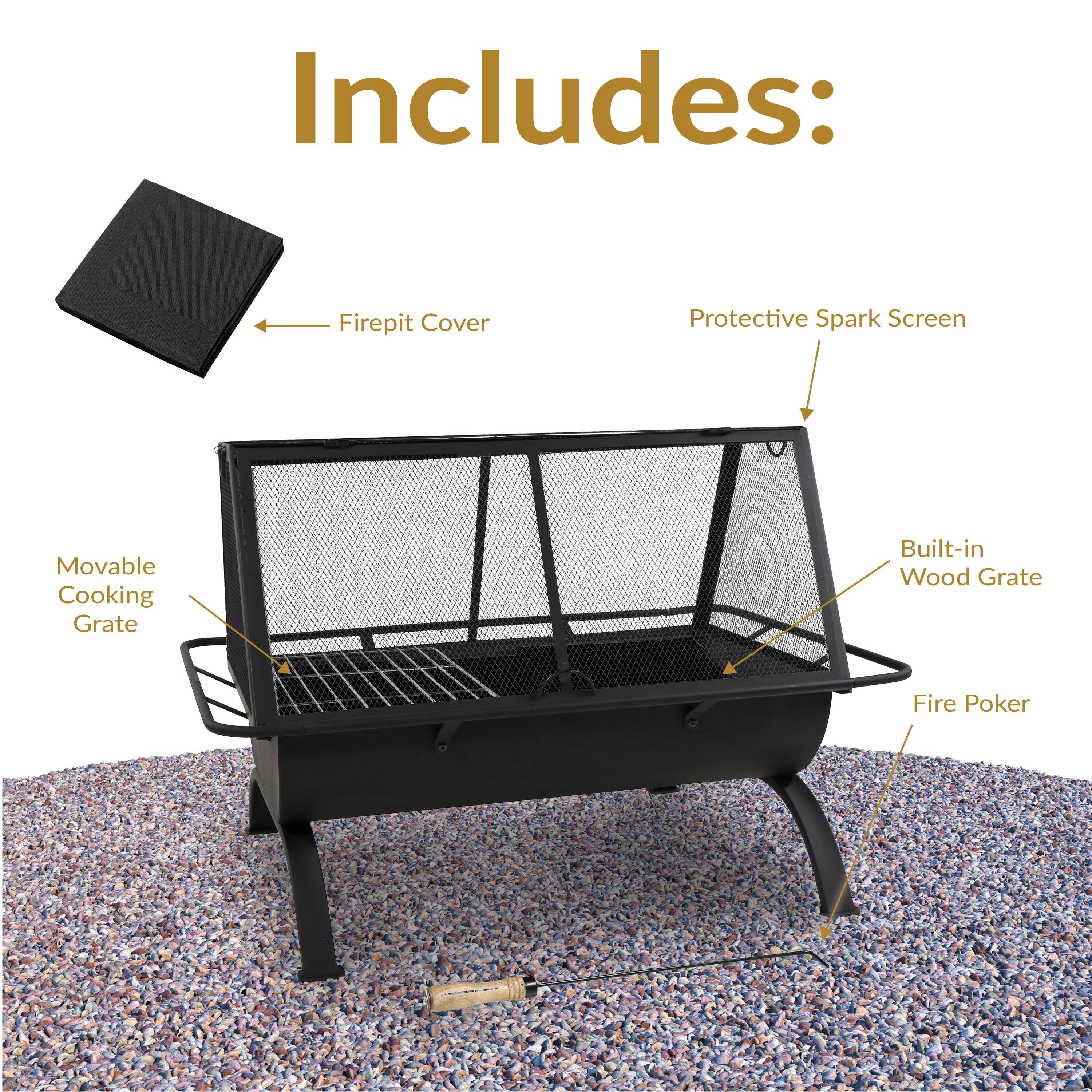 Includes:
- Firepit Cover
- Protective Spark Screen
- Movable Cooking Grate
- Built-in Wood Grate
- Fire Poker