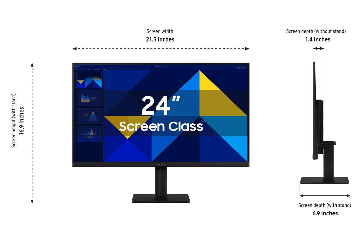 Screen width: 21.3 inches
Screen depth (without stand): 1.4 inches
Screen depth (with stand): 6.9 inches
Screen height: 16.9 inches
Screen Class: 24"