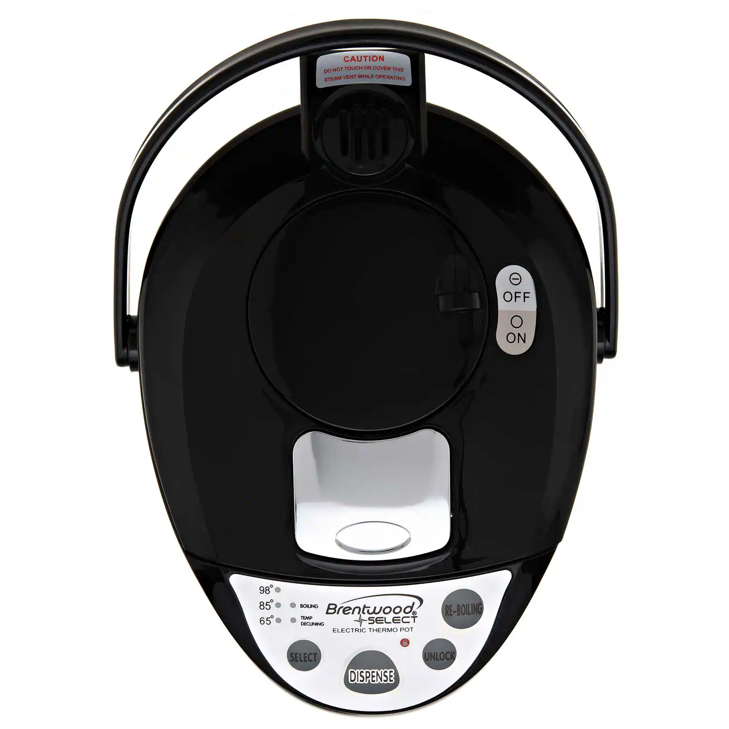 CAUTION - DO NOT REMOVE STEAM VENT WHILE OPERATING

Brentwood SELECT ELECTRIC THERMO POT

OFF ON

98° RE-BOILING
85° BOILING
65° WARM

SELECT
DISPENSE
UNLOCK
