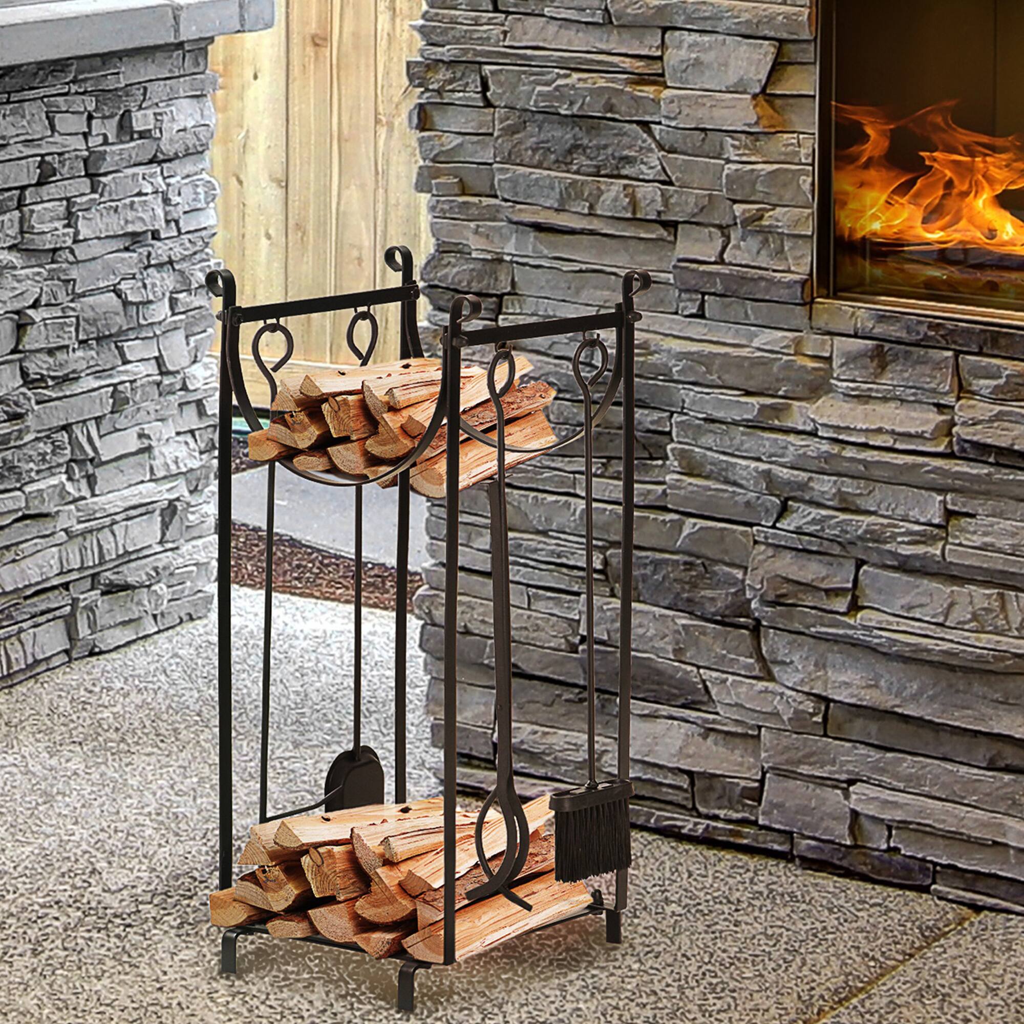 Alt View 1. Outsunny - Firewood Rack with Fireplace Tools, Outdoor Firewood Holder, 30.25" Tall Build with 2-Tiers for Fireplace - Black.