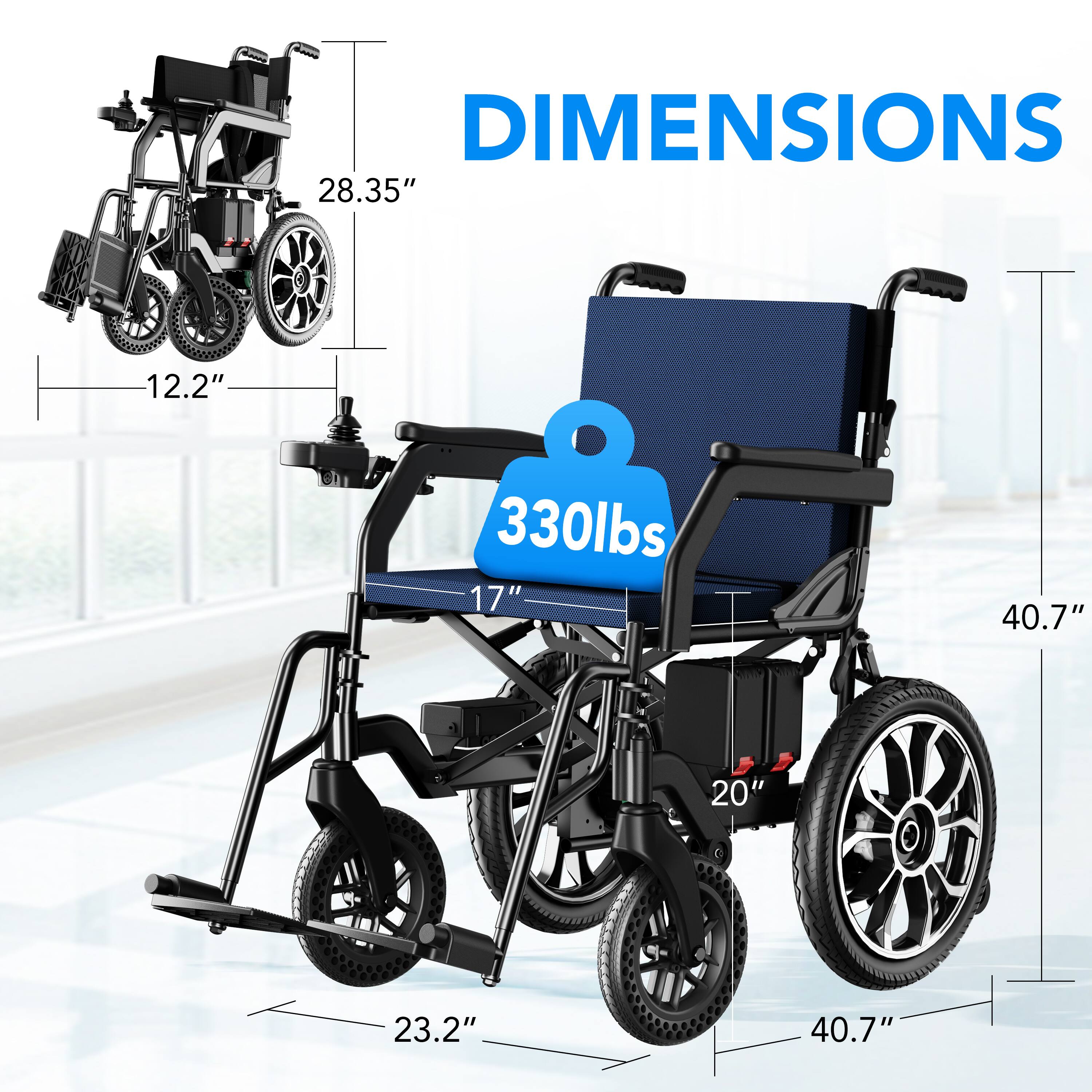 DIMENSIONS  
28.35"  
12.2"  
330lbs  
17"  
40.7"  
20"  
23.2"  
40.7"