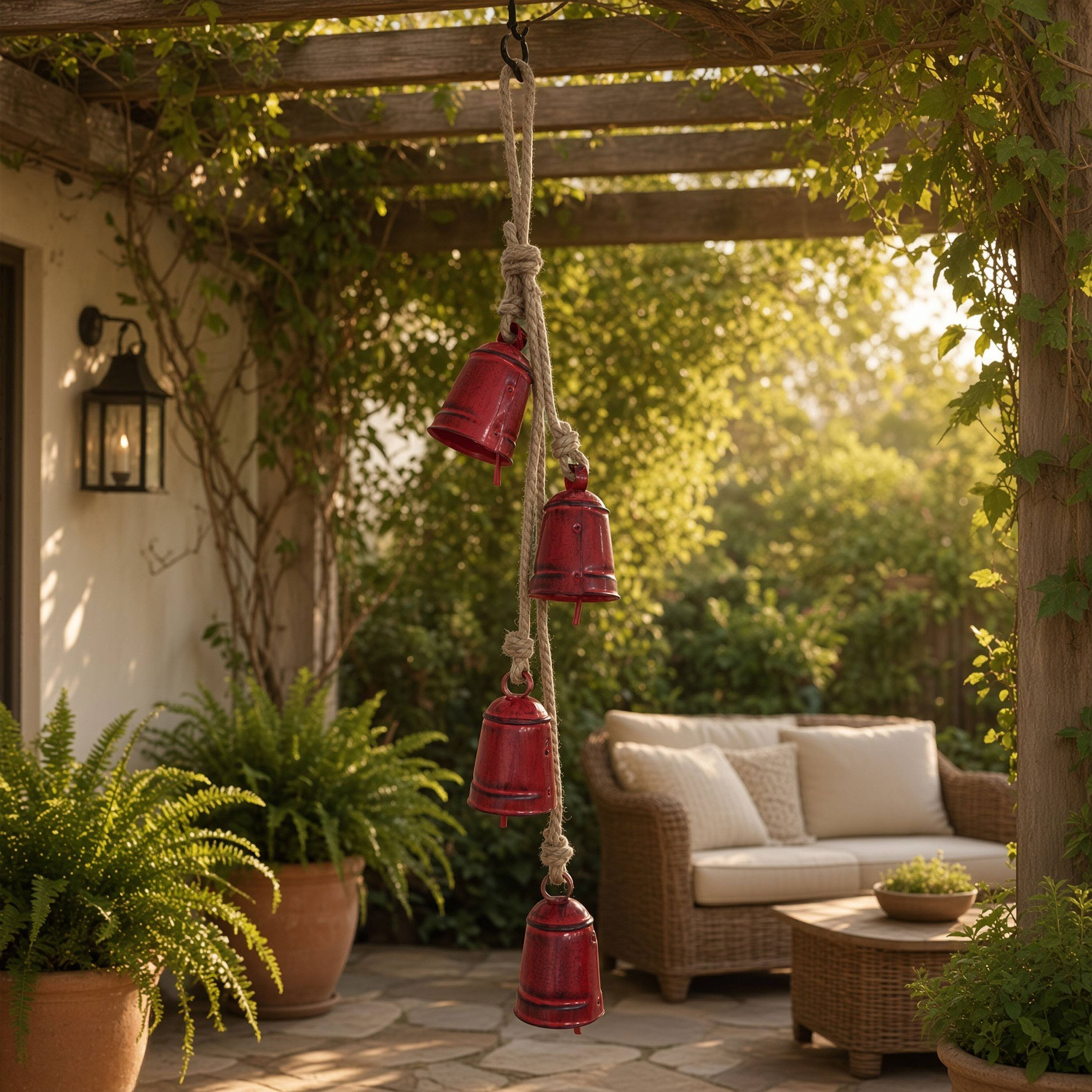 Alt View 3. Manhattan Lane - 27 Inch Decorative Wind Chime, 4 Cascading Cow Bells, Jute Rope, Boho Rustic Style - Antique Red, Natural Brown.